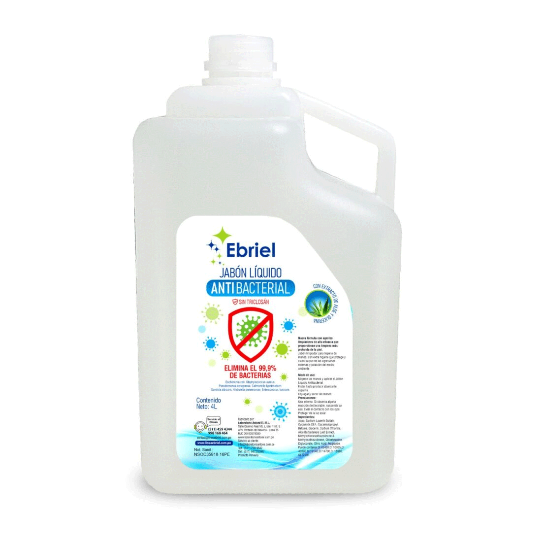 Jabón Liquido Antibacterial Ebriel Sin Aroma 4 Lt.