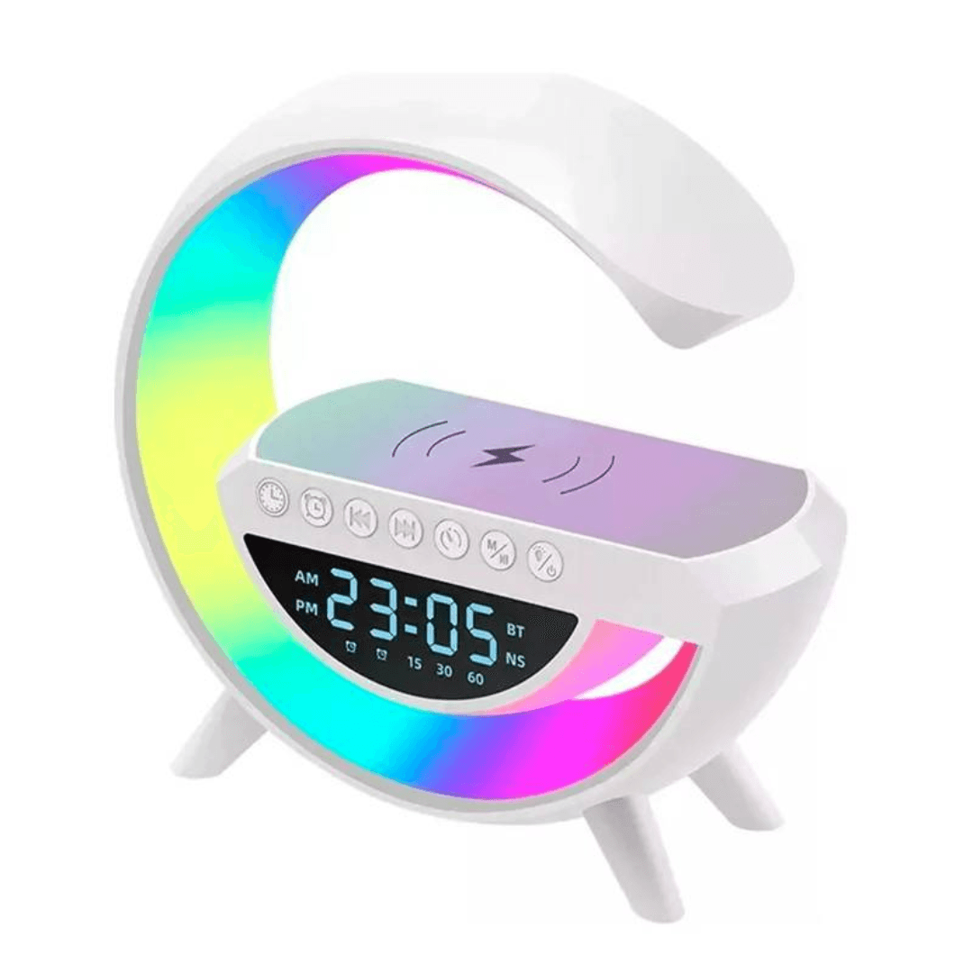 Lampara G Smart 6 en 1 Luz RGB Parlante Reloj Cargador Inalámbrico