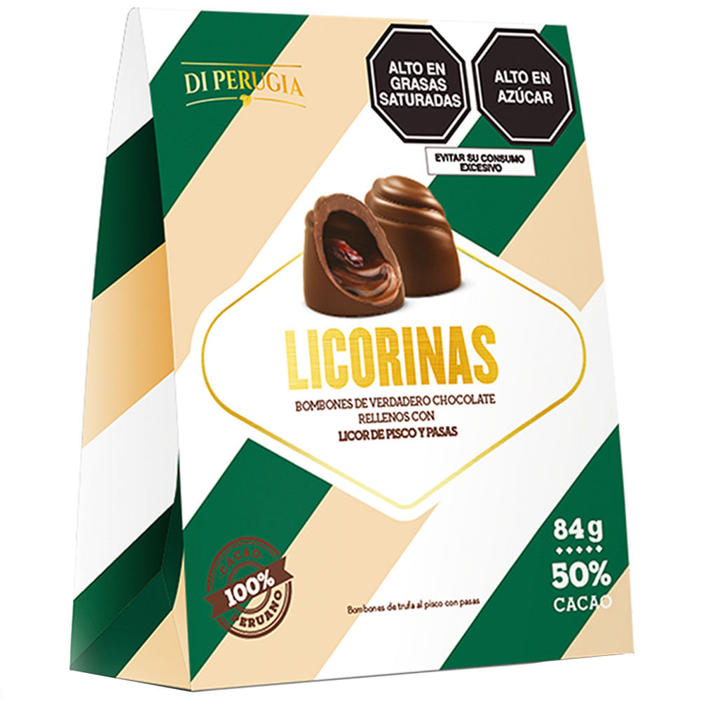 Bombones de Chocolate BRAVI Licorinas Pisco y Pasas Caja 84g