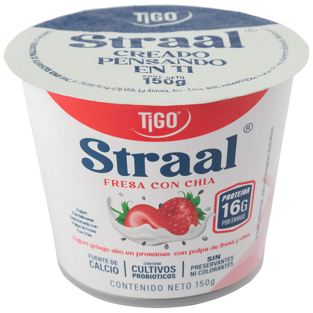 Yogurt Griego TIGO Straal Sabor a Fresa y Chía Pote 150g