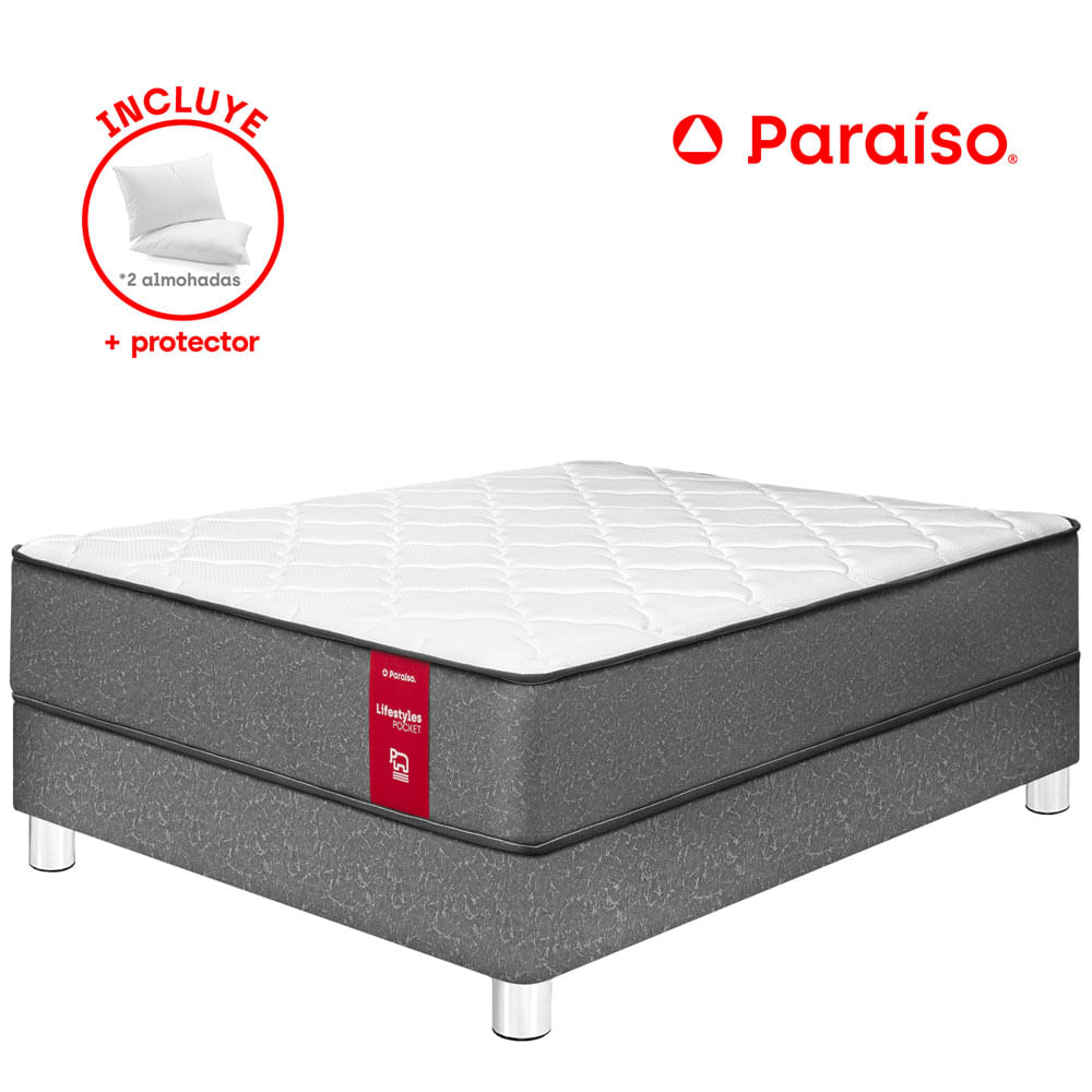 Cama PARAISO Lifestyle Pocket 2 Plazas + 2 Almohadas + 1 Protector