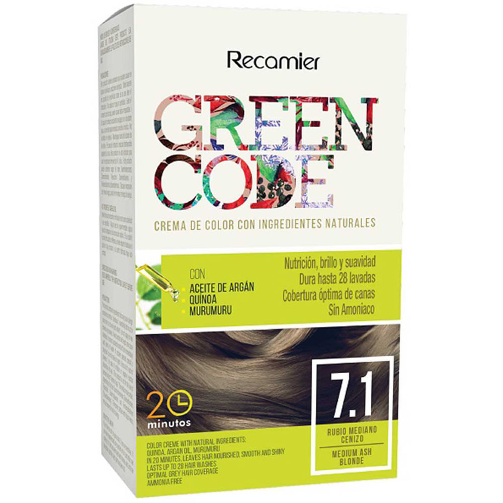 Tinte para Cabello GREEN CODE 7.1 Rubio Mediano Cenizo Caja 1un