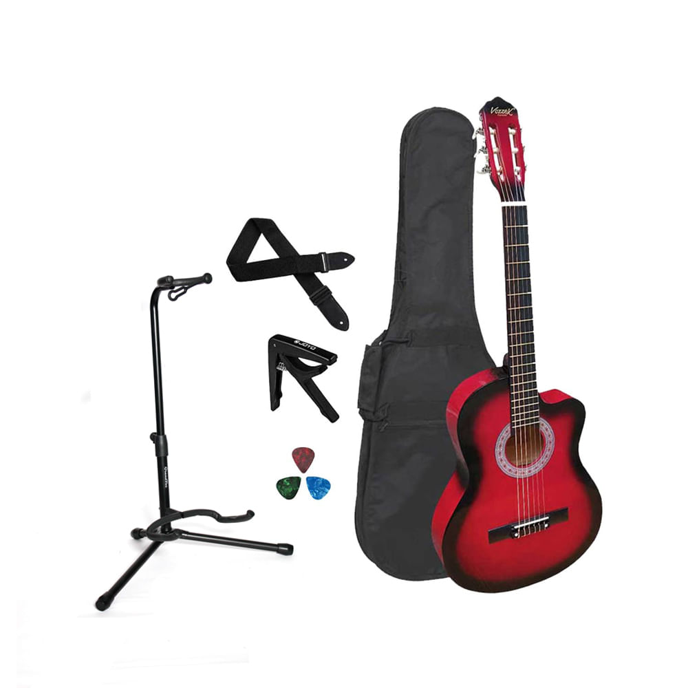 Pack Guitarra Acústica Nylon Rojo