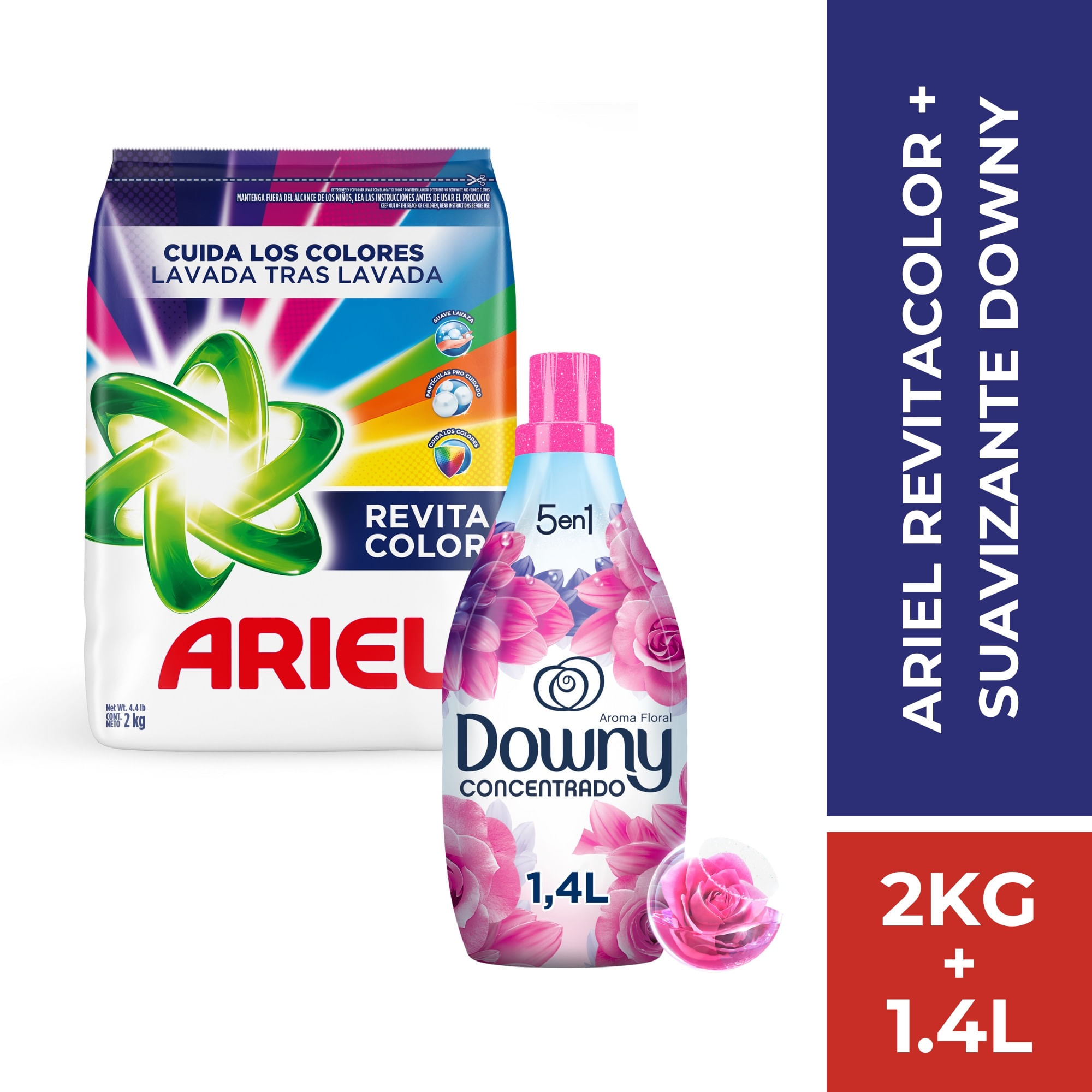 Pack Detergente en Polvo ARIEL Revitacolor 2 kg + Suavizante DOWNY Floral Concentrado 1.4L