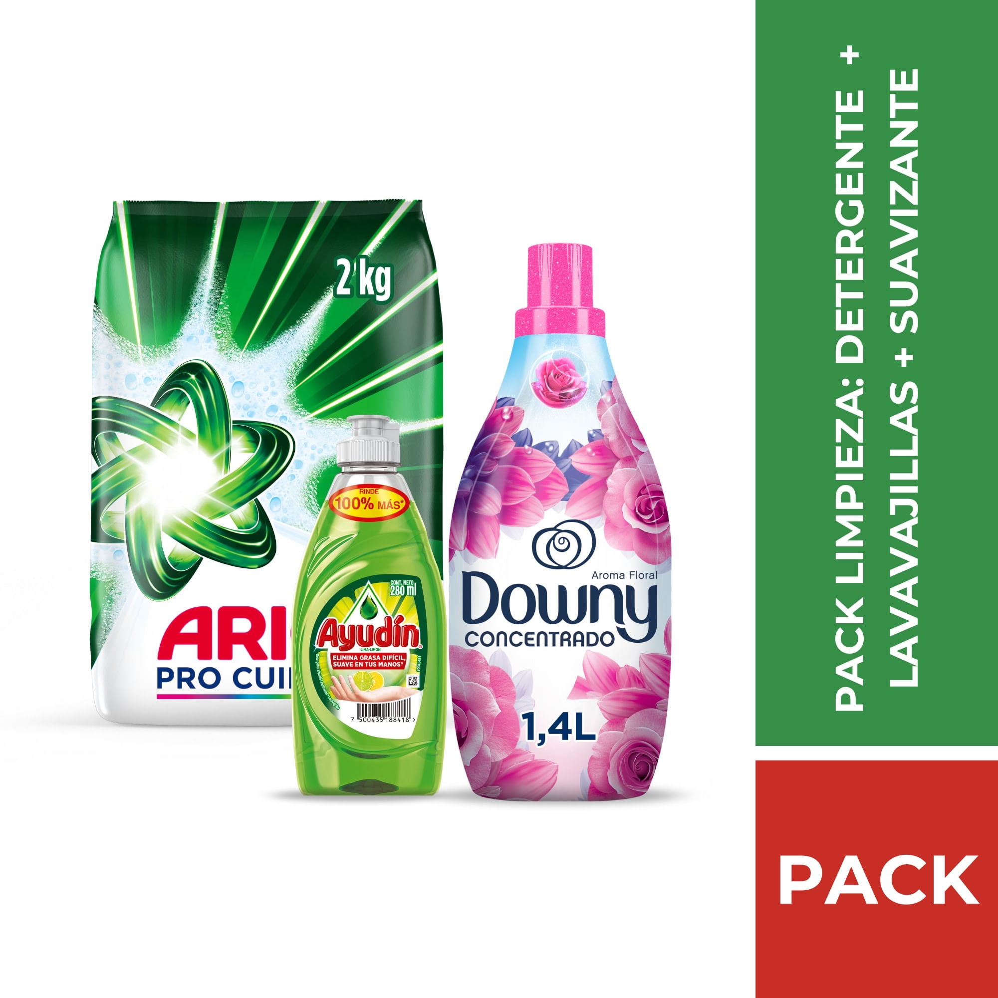 Pack Detergente en Polvo ARIEL Pro Cuidado 2 kg + Suavizante DOWNY Floral 1.4L + Lavavajilla Líquido AYUDÍN 280ml