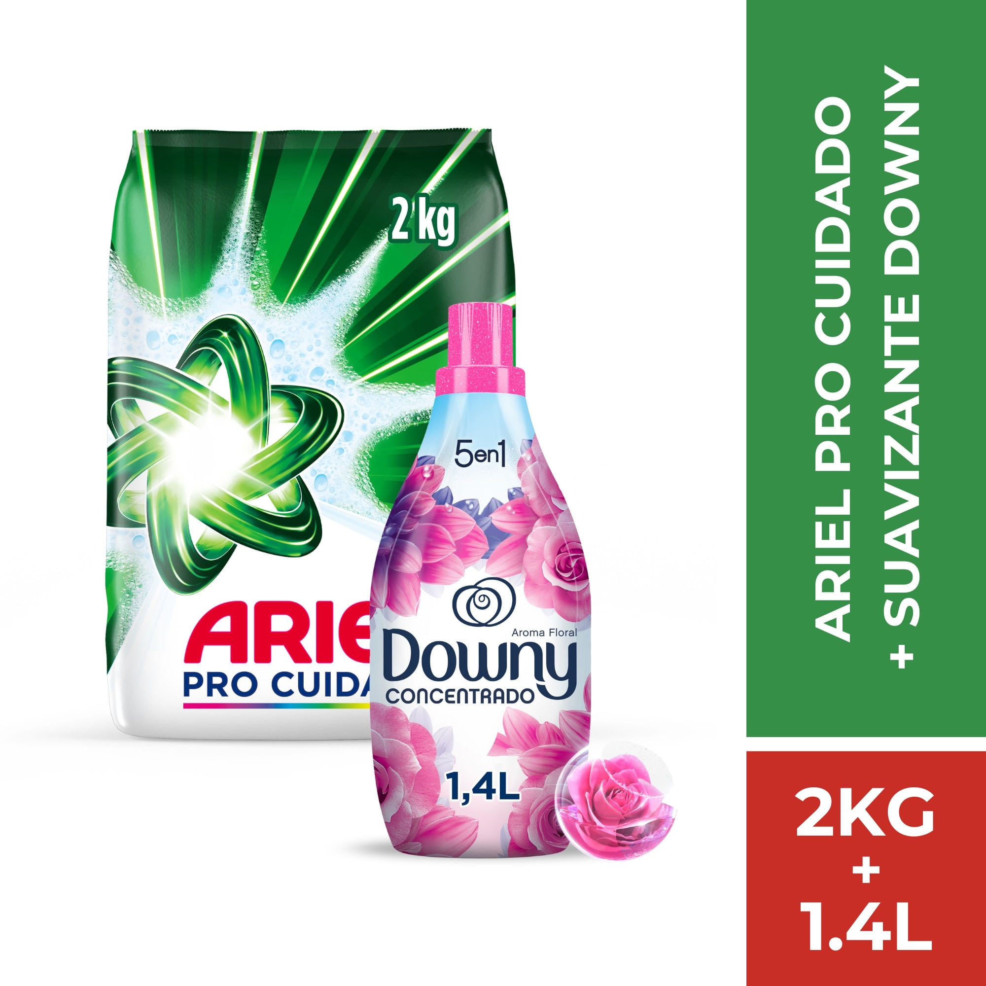 Pack Detergente en Polvo ARIEL Pro Cuidado 2 kg + Suavizante DOWNY Floral Concentrado 1.4L