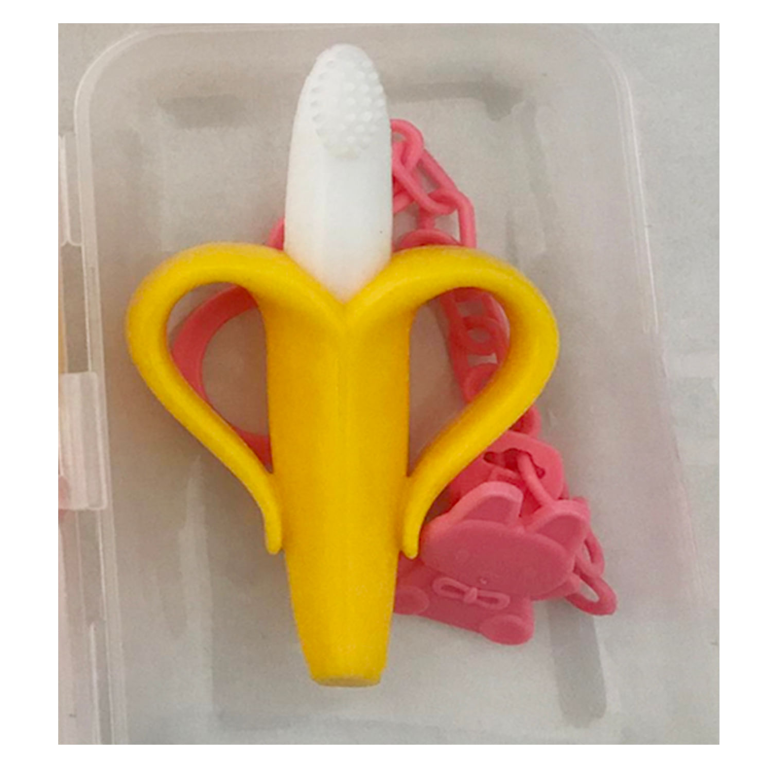 Mordedor Banana Amarillo Con Cadena Conejo Rosado Para Bebe