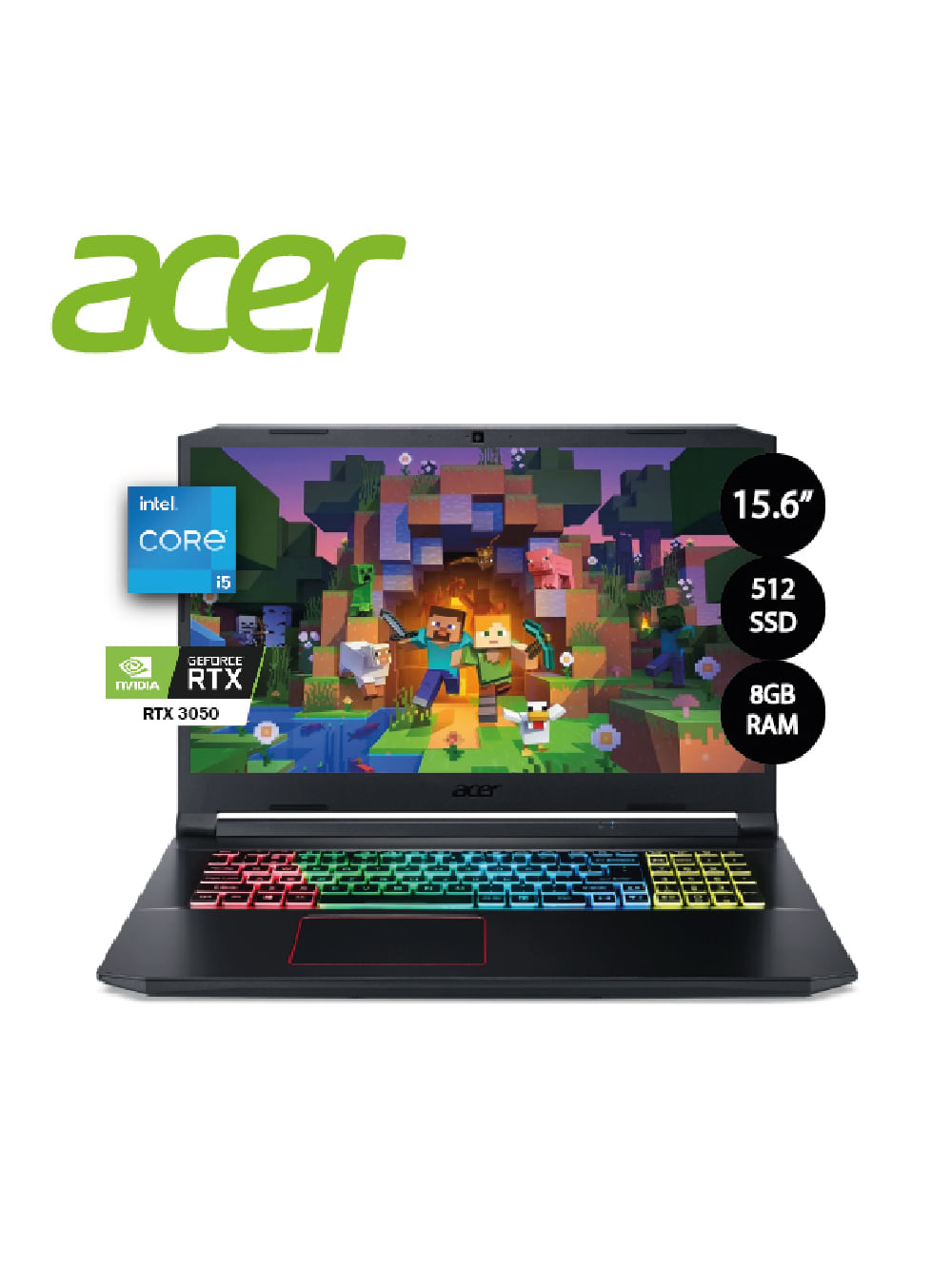 Laptop Acer An515-57-5323, I5-11400h, 8gb, 512gb Ssd, Rtx 3050, 15.6 Pulgadas Fhd, Win11
