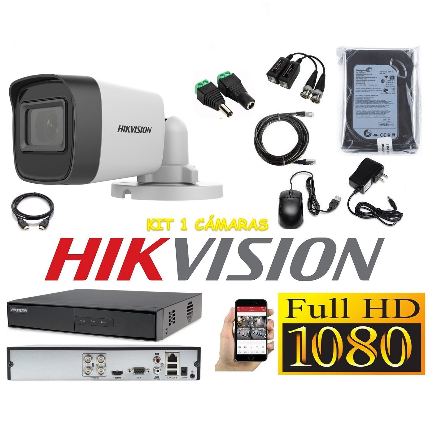 Cámaras Seguridad Kit 1 HIKVISION TUBO FULLHD Audio Incorporado 500gb