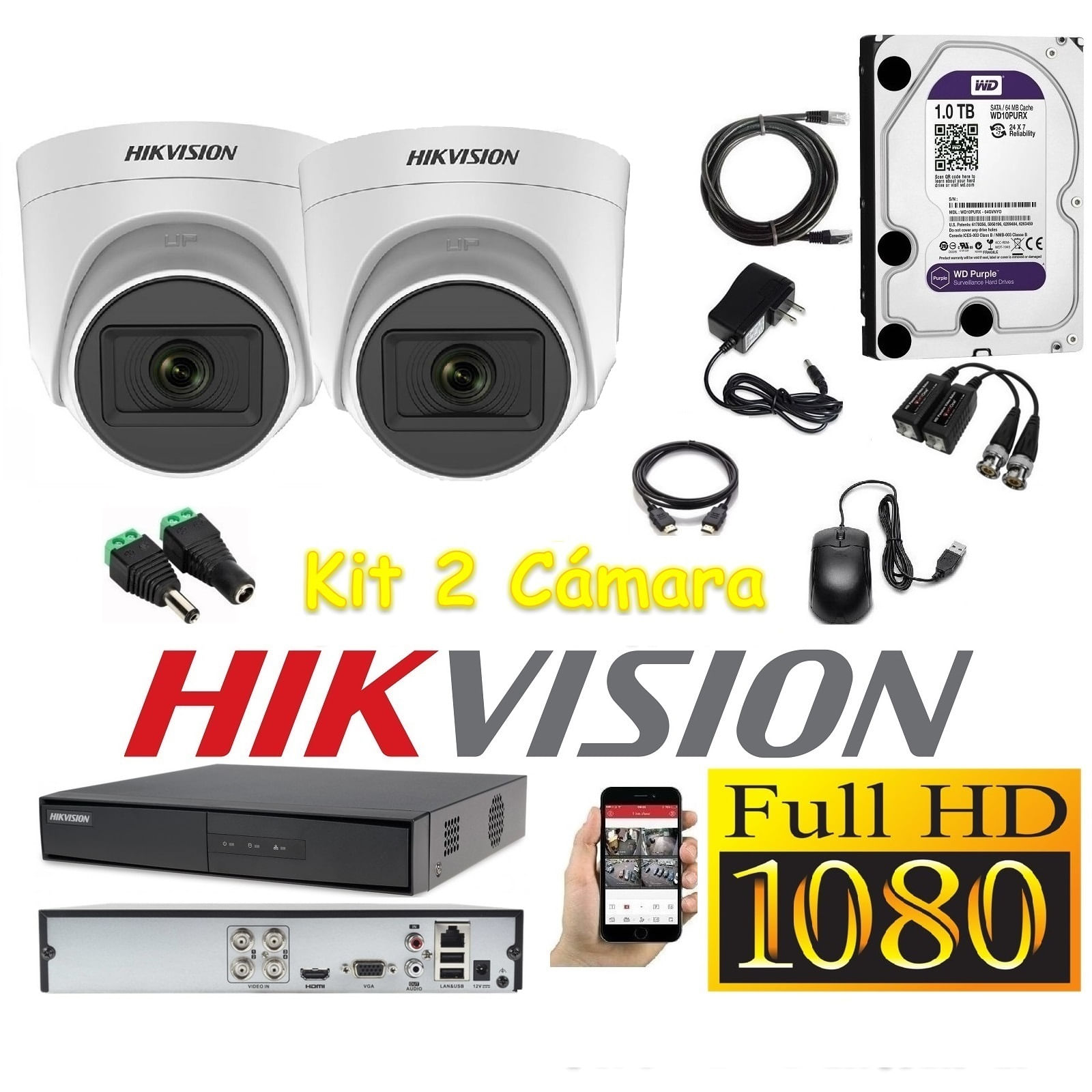 Cámaras Seguridad Kit 2 HIKVISION DOMO FULLHD Audio Incorporado 1Tb