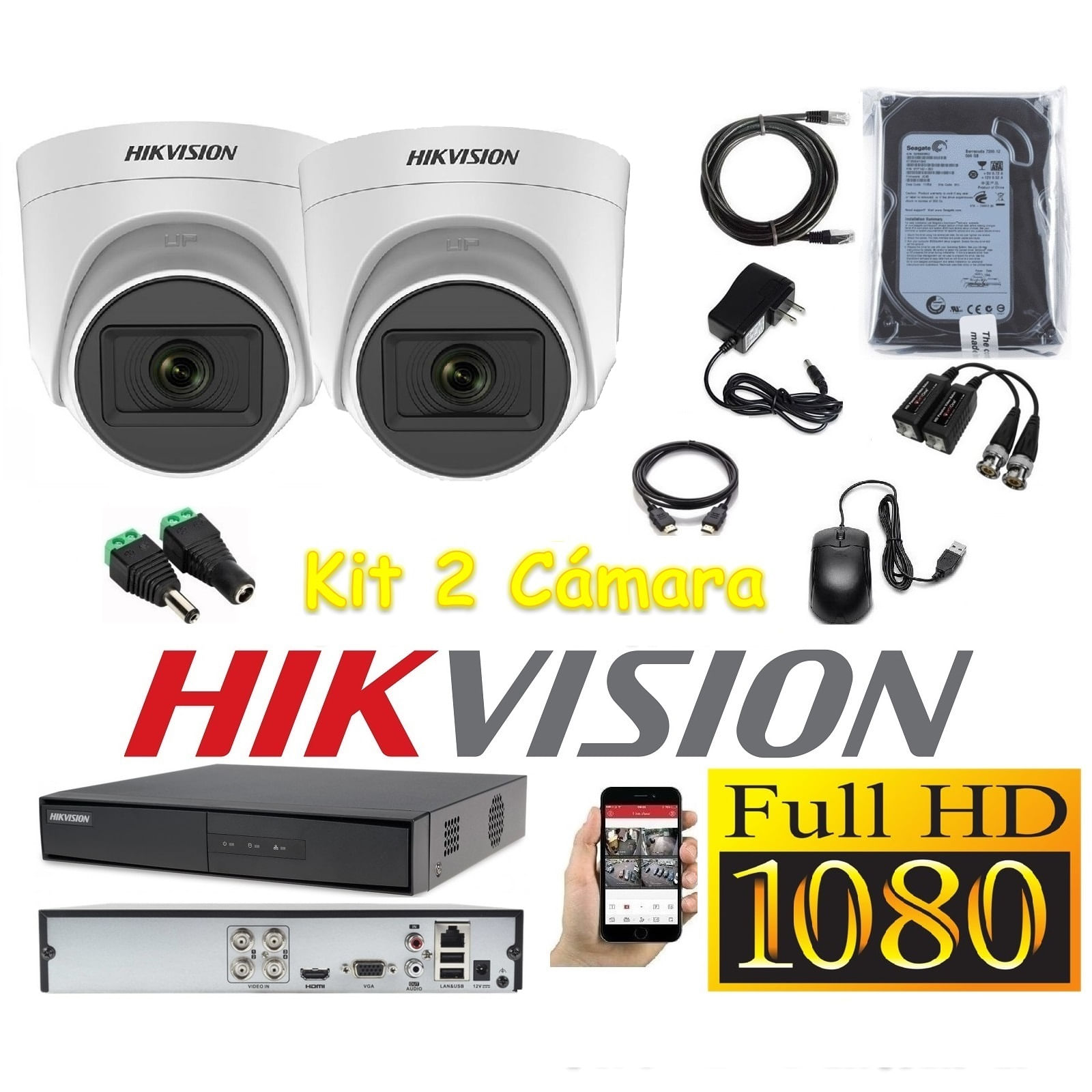 Cámaras Seguridad Kit 2 HIKVISION DOMO FULLHD Audio Incorporado 500Gb