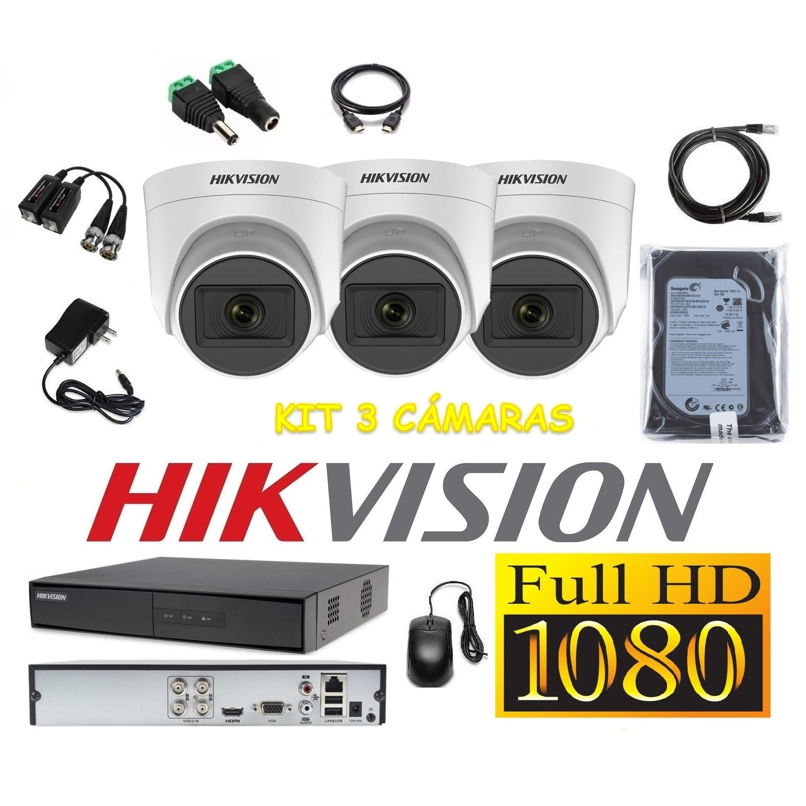 Cámaras Seguridad Kit 3 HIKVISION Domo FULLHD Audio Incorporado 500Gb