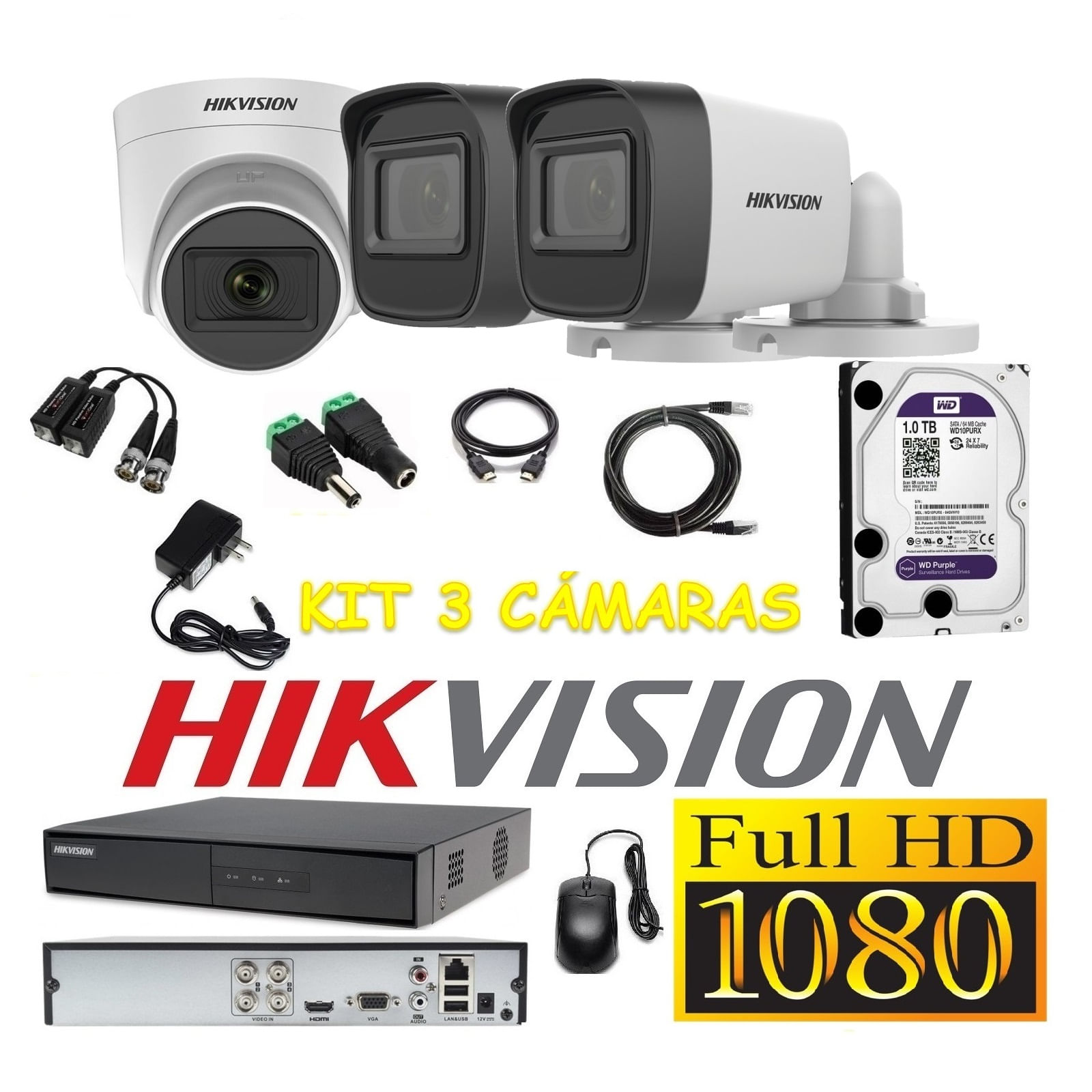 Cámaras Seguridad Kit 3 HIKVISION FULLHD Audio Incorporado 1Tb