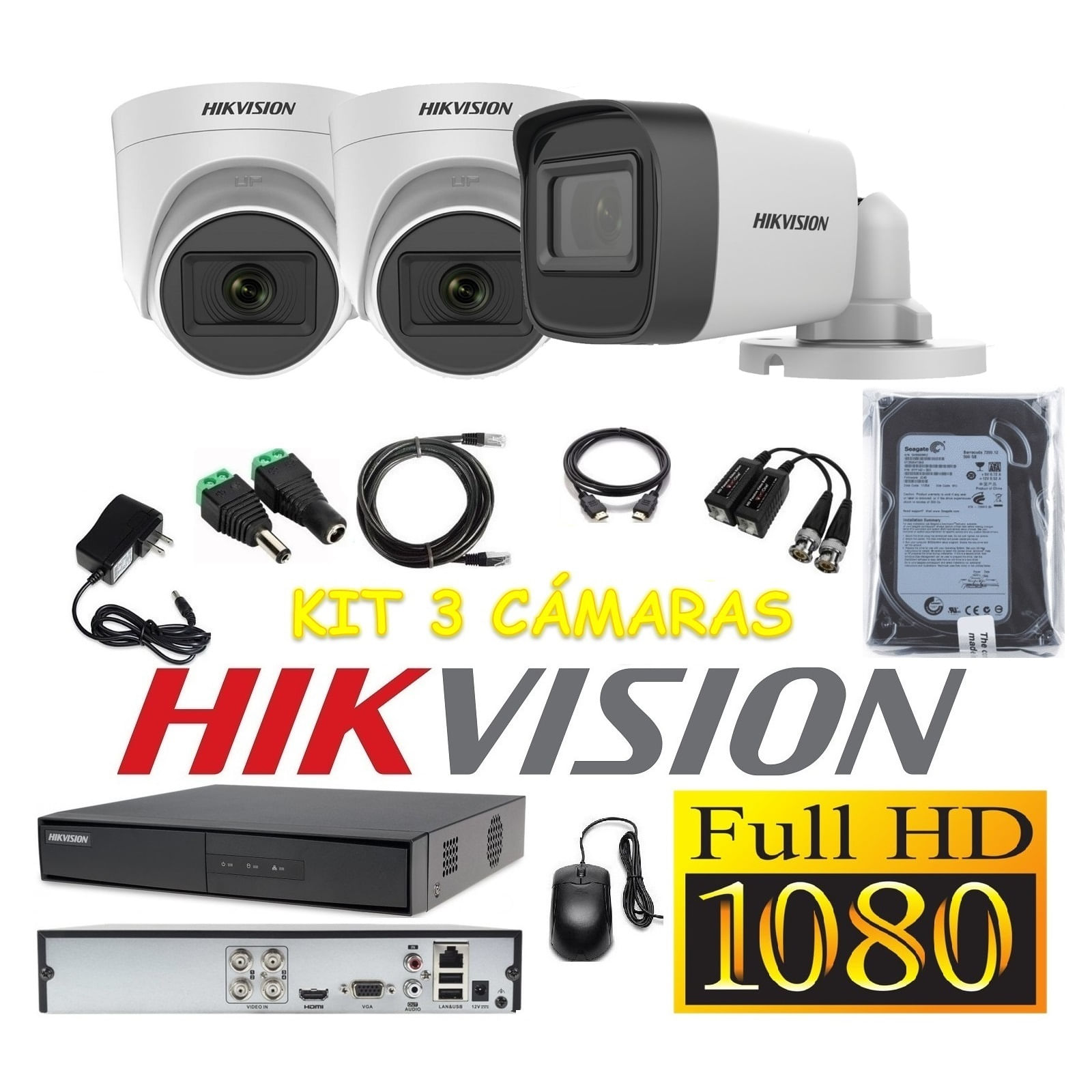 Cámaras Seguridad Kit 3 HIKVISION FULLHD Audio Incorporado 500Gb