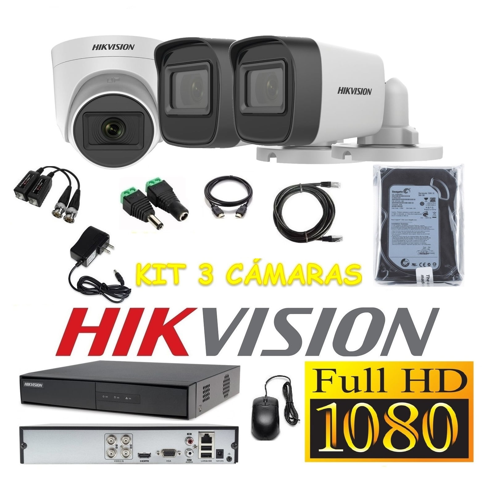 Cámaras Seguridad Kit 3 HIKVISION FULLHD Audio Incorporado 500Gb