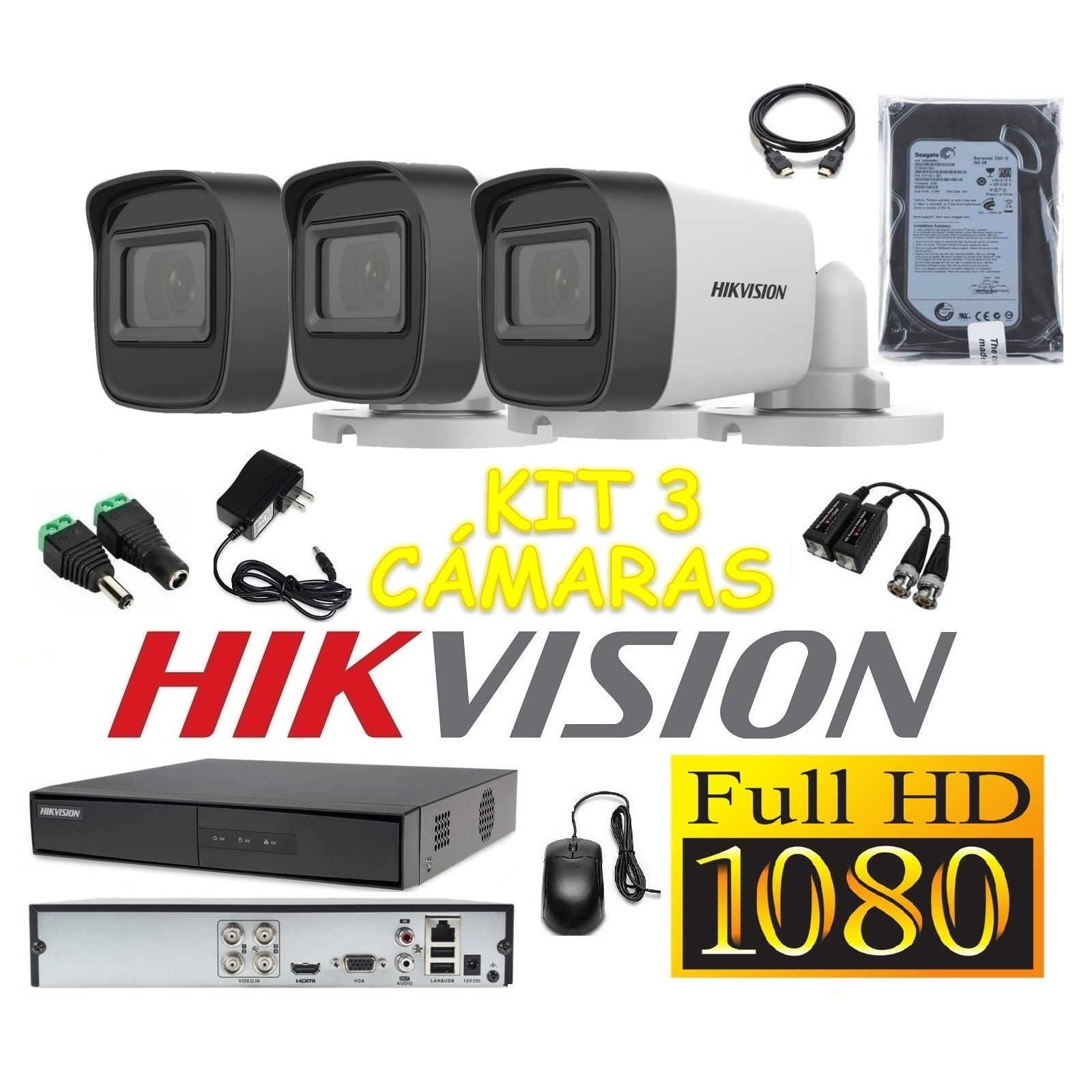 Cámaras Seguridad Kit 3 HIKVISION Tubo FULLHD Audio Incorporado 500Gb