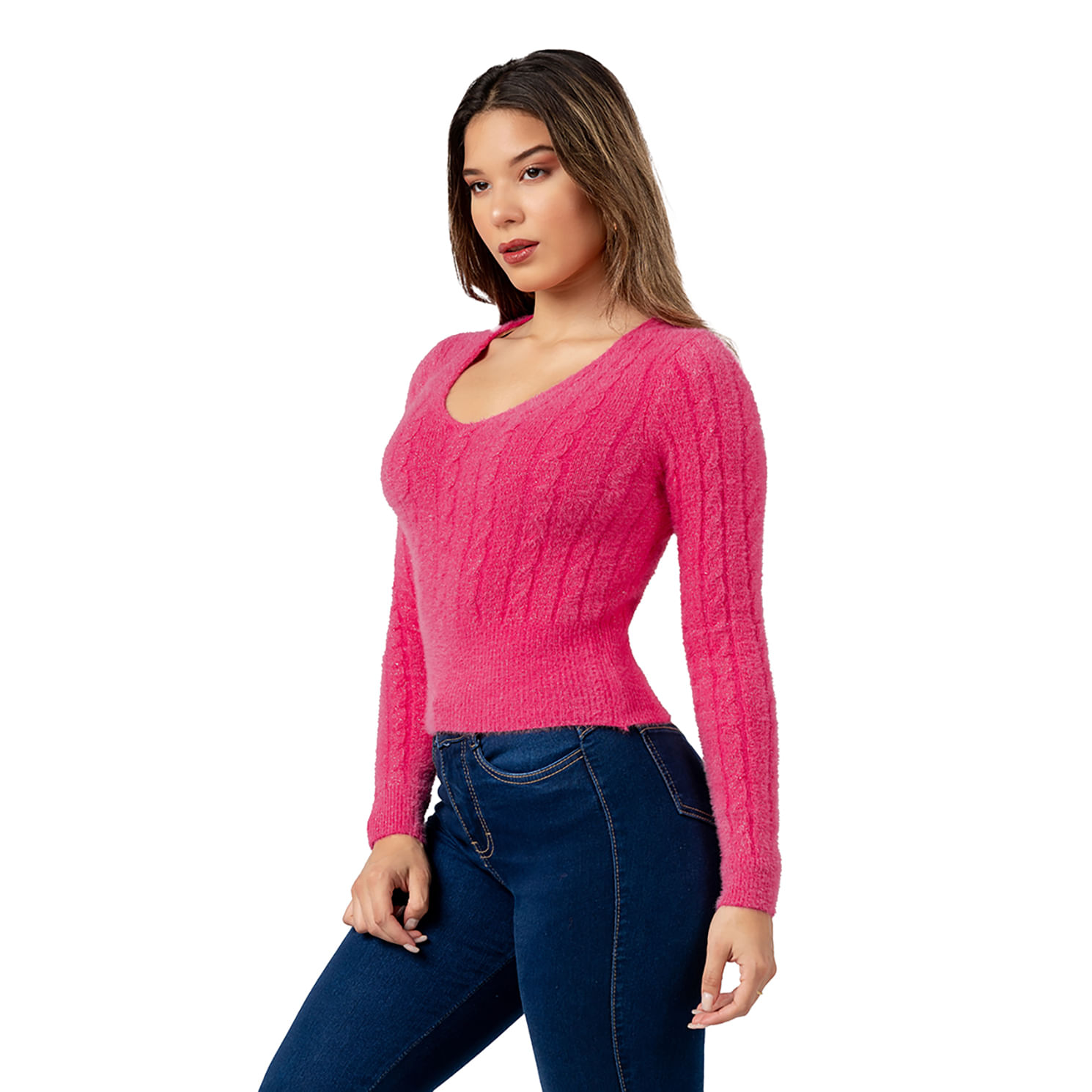 Sweater Angora con Hilos de Brillo Color Fucsia