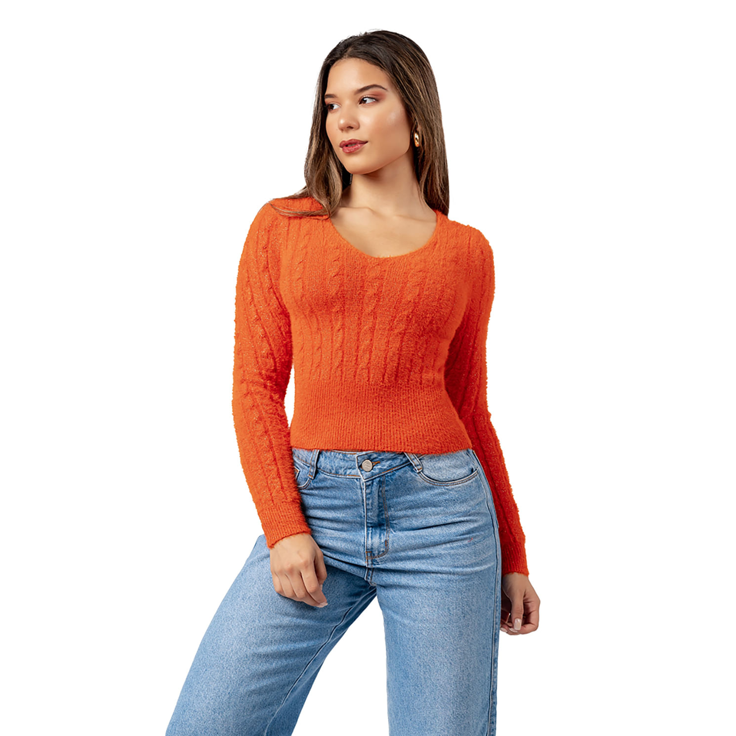 Sweater Angora con Hilos de Brillo Color Naranjo