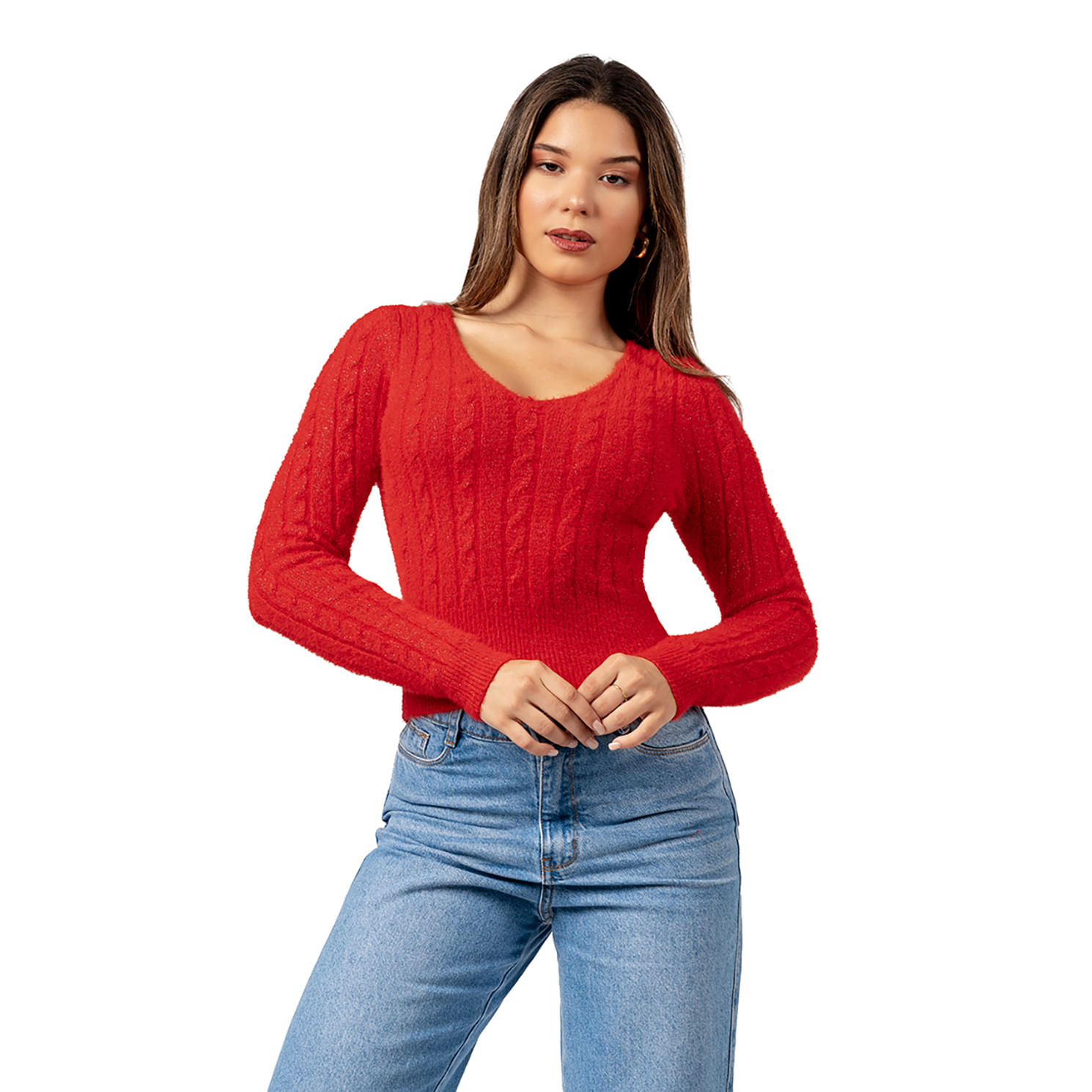 Sweater Angora con Hilos de Brillo Color Rojo