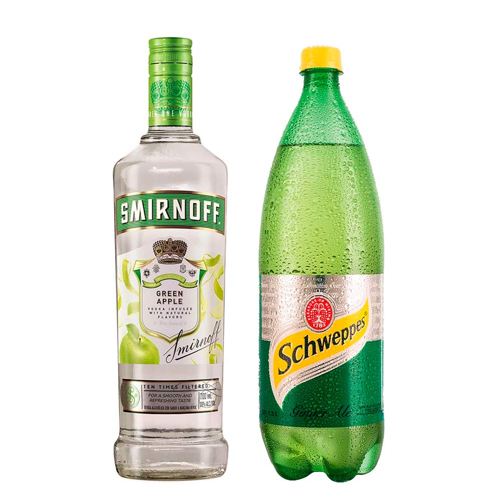Pack Vodka SMIRNOFF Apple Botella 700ml + Ginger Ale SCHWEPPES Botella 1.5L