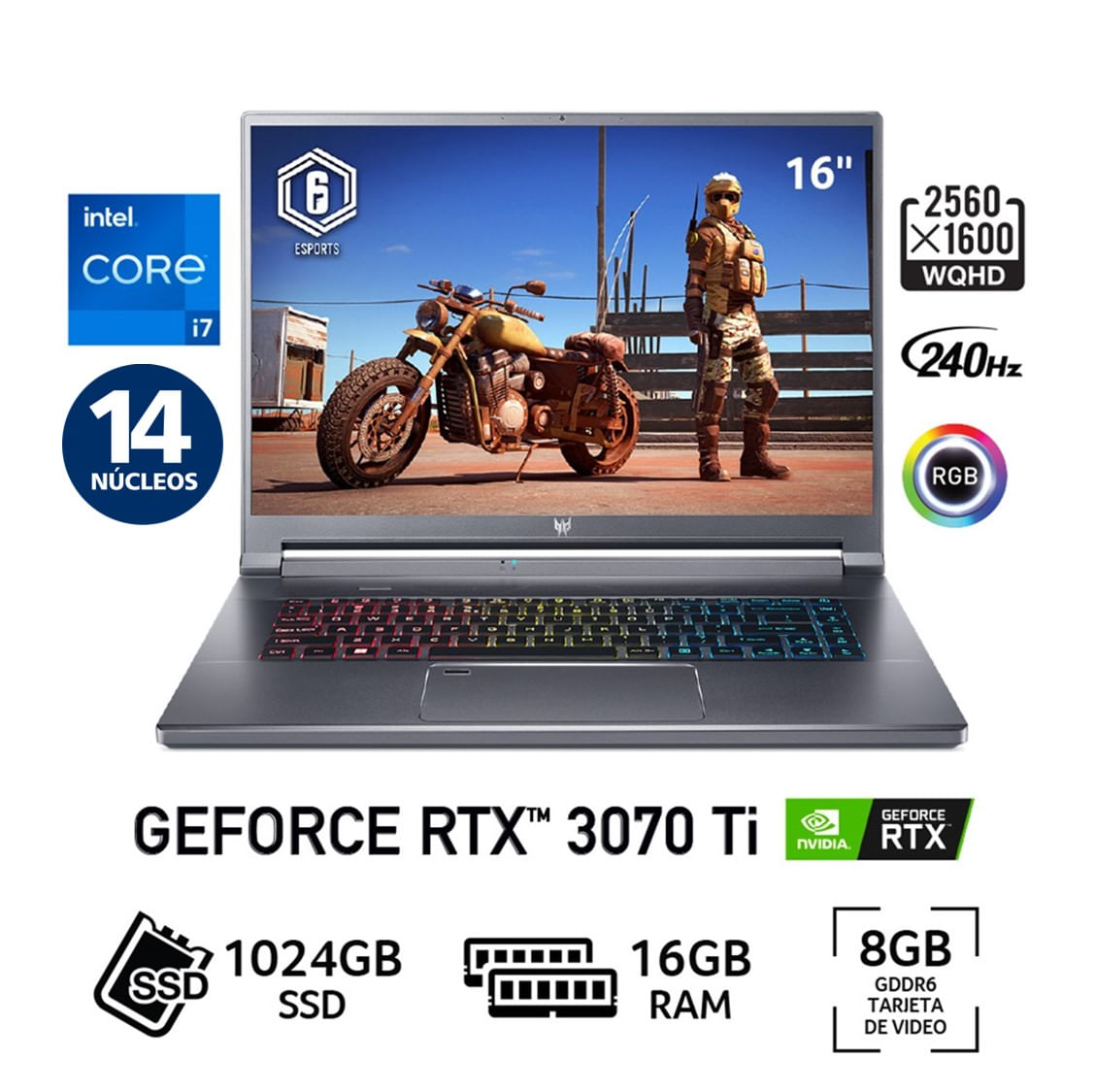 Laptop Gamer Acer Predator Triton 500 Intel Core i7 12 Núcleos 16GB RAM 1024GB SSD 16" RTX 3070 Ti