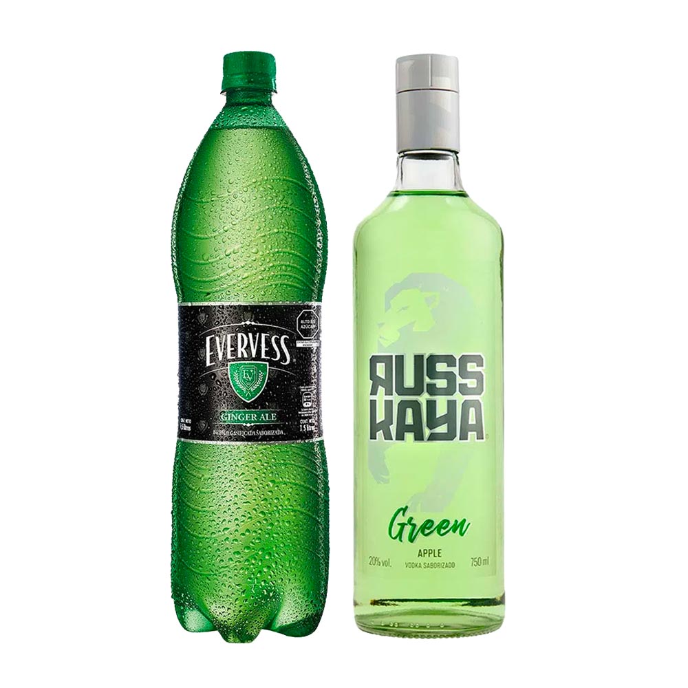 Pack Vodka RUSSKAYA Green Apple Botella 750ml + Gaseosa EVERVESS Ginger Ale Botella 1.5L