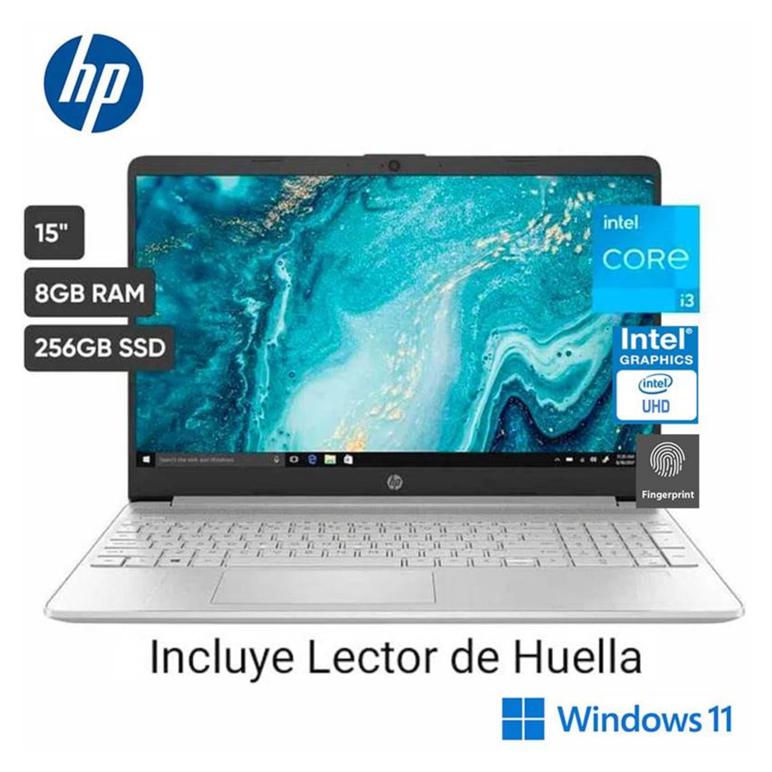 Laptop HP 15'' Intel Core i3 11va Generacion Con Lector De Huella 8GB RAM 256GB SSD Windows 11 Home