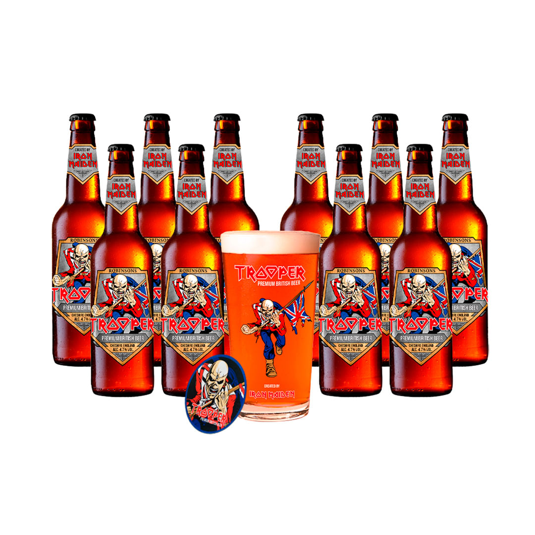 Pack 10 Cerveza Trooper Iron Maiden Botella 330ml + 1 Vaso + 10 Posavasos