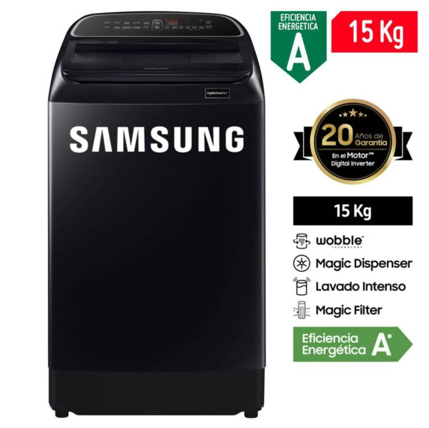 Lavadora Samsung WA15T5260BV Eco Inverter 15 Kg Negro