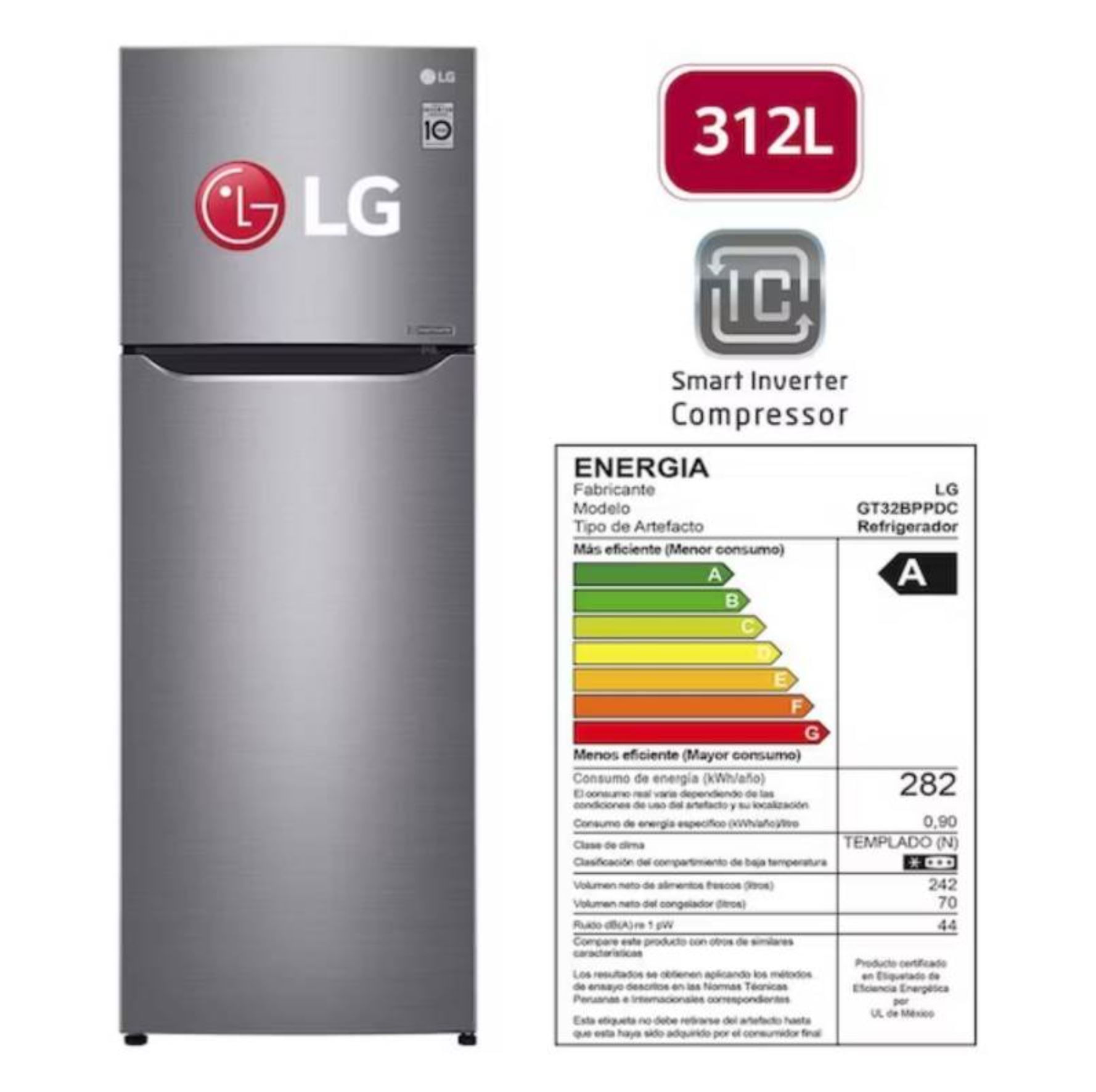 Refrigeradora LG 312 Lt Top Freezer GT32BPPDC Plata