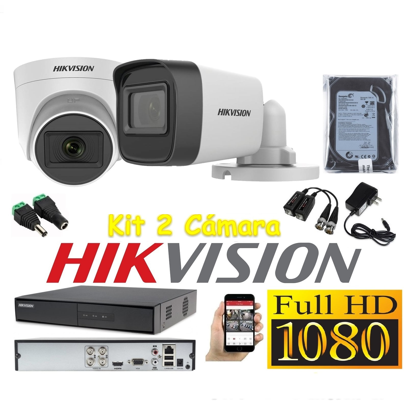Cámaras Seguridad Kit 2 HIKVISION FULLHD Audio Incorporado 500Gb