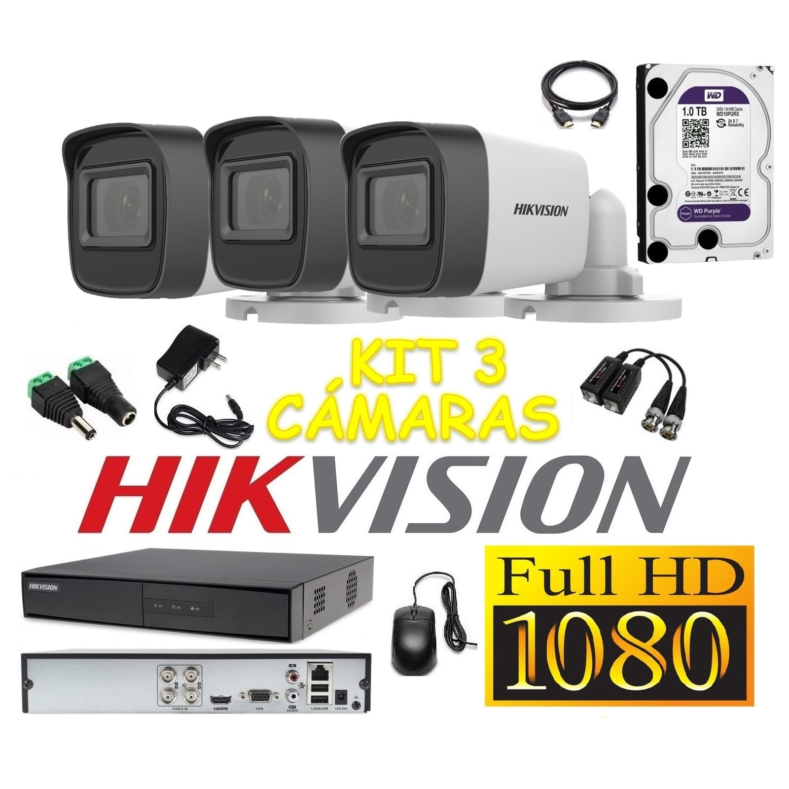 Cámaras Seguridad Kit 3 HIKVISION Tubo FULLHD Audio Incorporado 1Tb