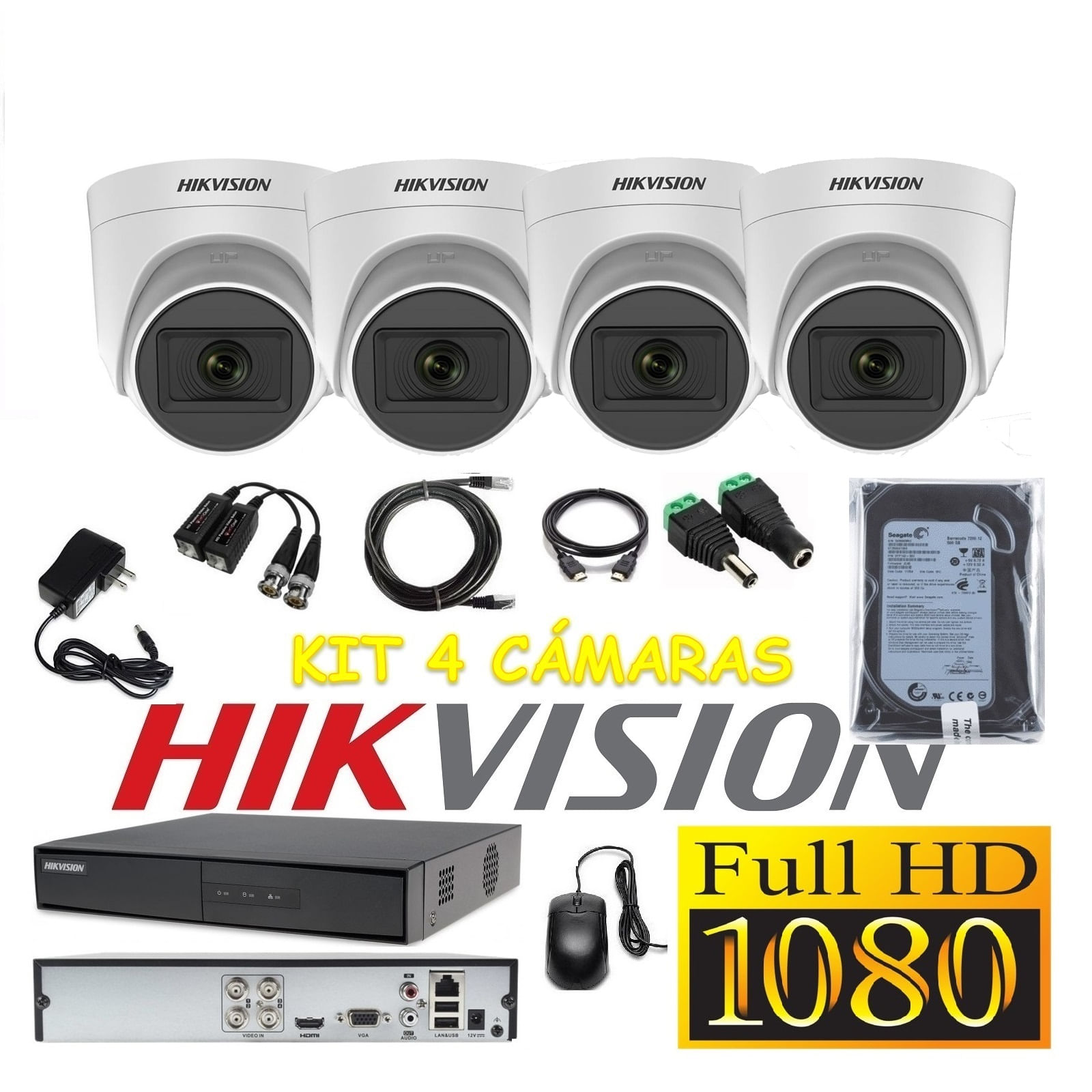 Cámaras Seguridad Kit 4 HIKVISION DOMO FULLHD Audio Incorporado 500Gb