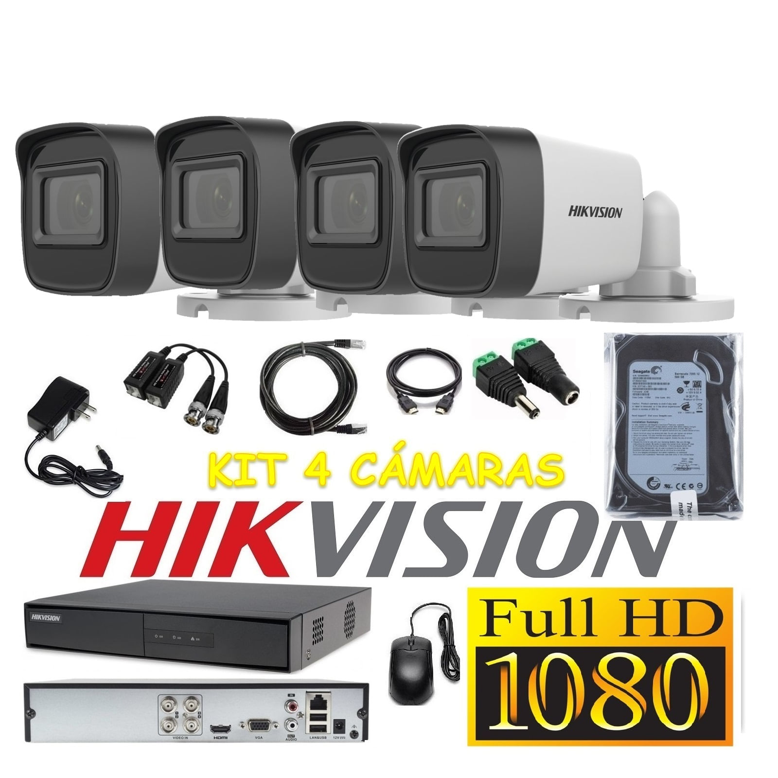 Cámaras Seguridad Kit 4 HIKVISION TUBO FULLHD Audio Incorporado 500Gb