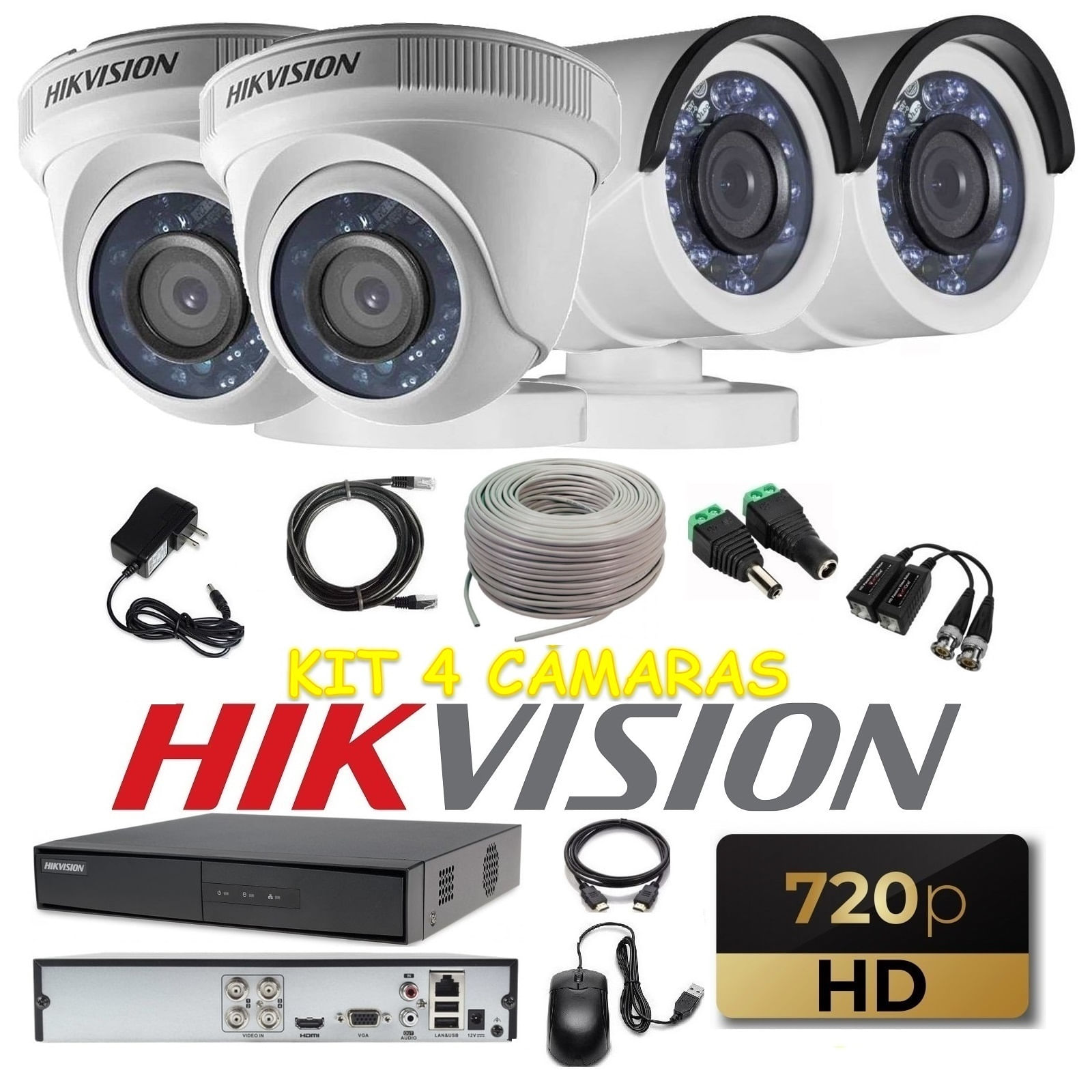 kit 4 Cámaras Seguridad HD Hikvision + Cable