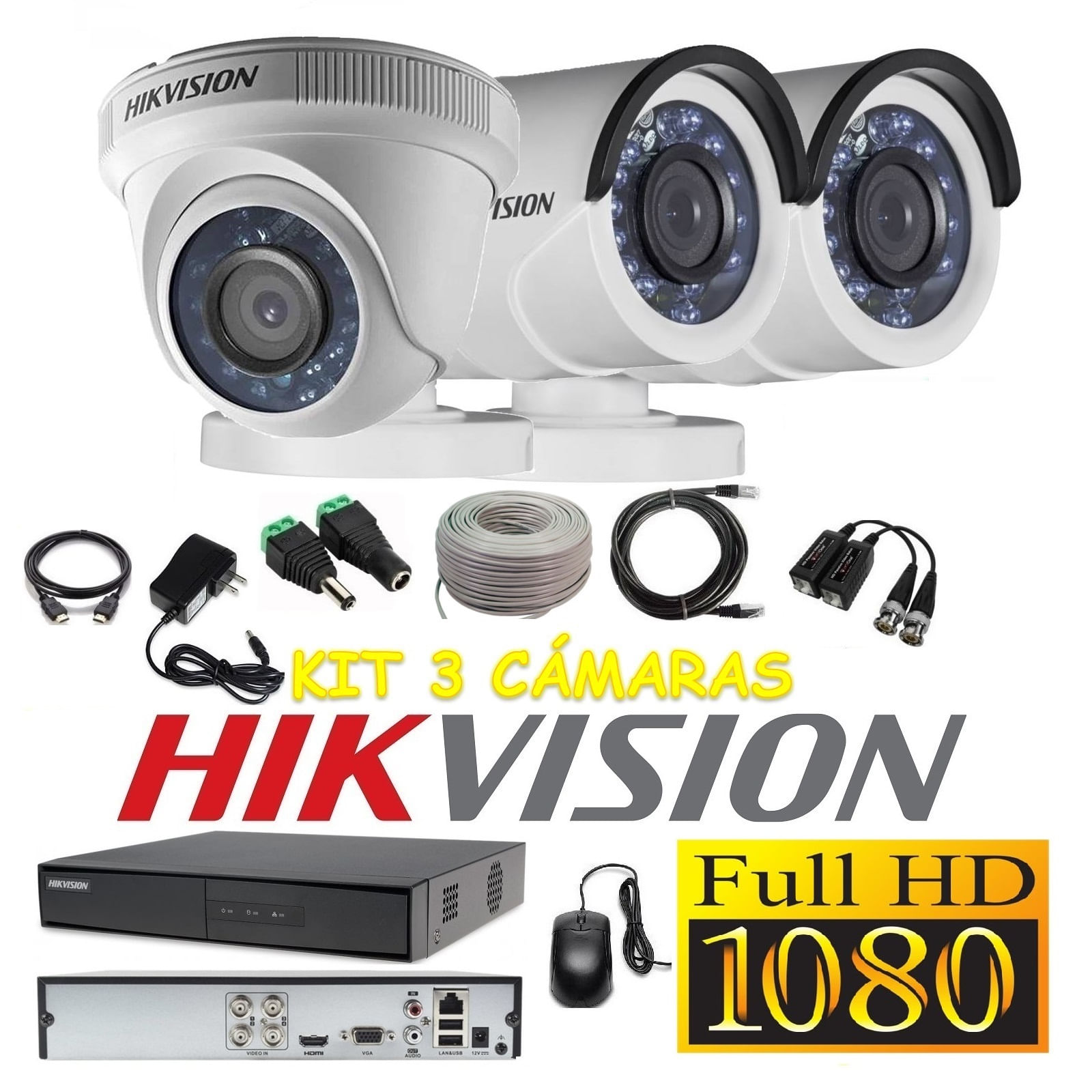 kit 3 Cámaras Seguridad FULLHD 1080p Hikvision + Cable