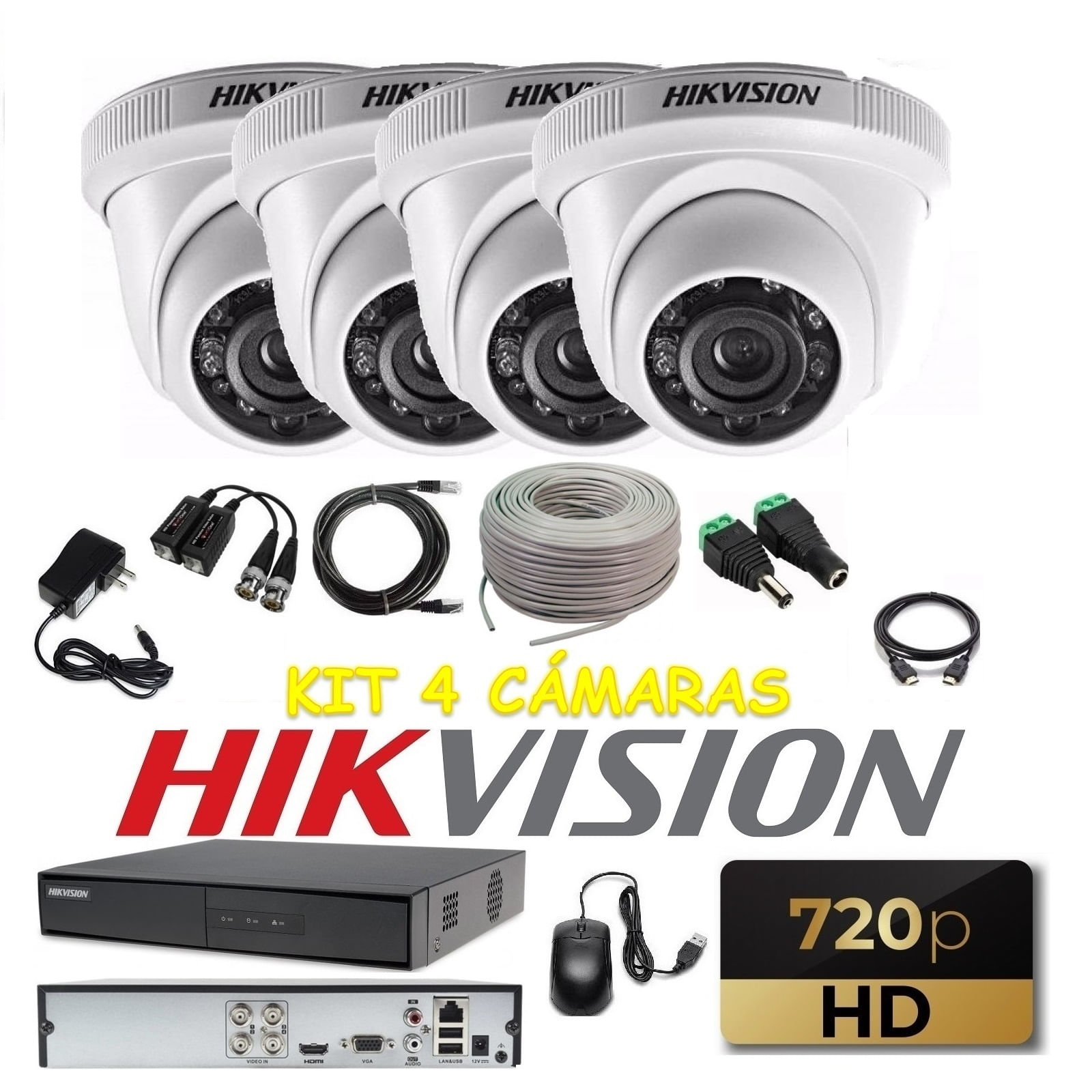 kit 4 Cámaras Seguridad Domo Interior HD Hikvision + Cable