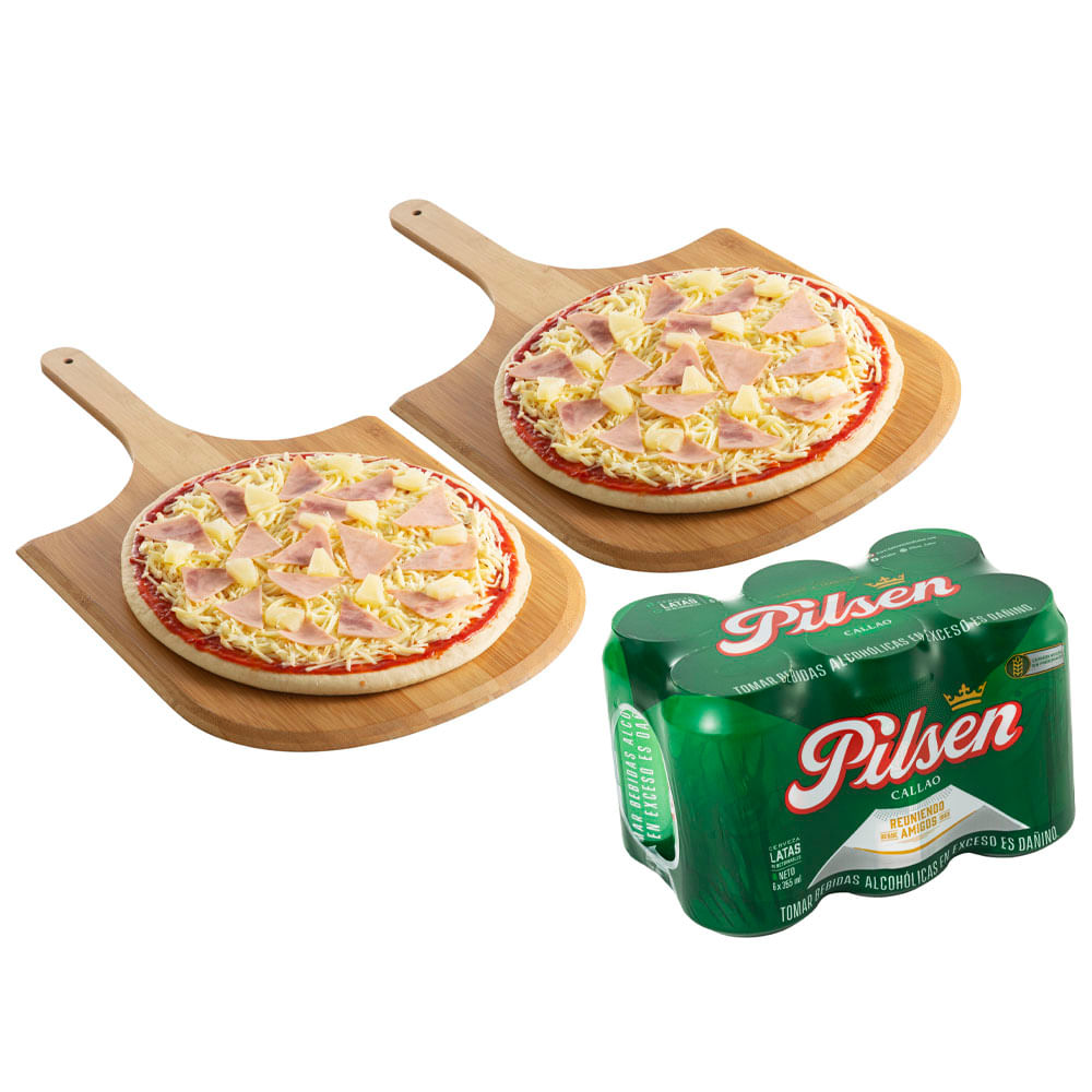 2 Pizzas Hawaiana Familiar + PILSEN Six Pack 355ml