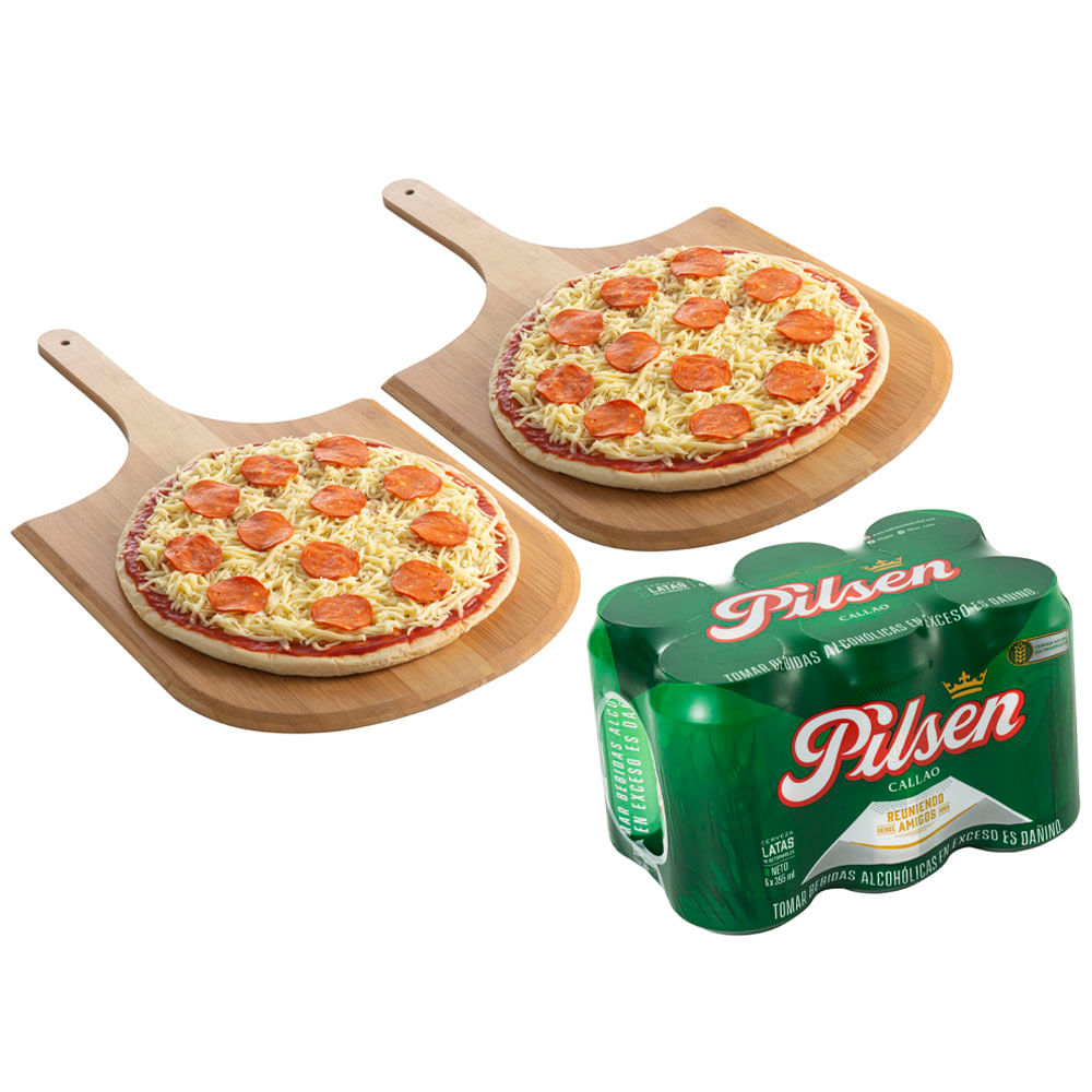 2 Pizzas Peperoni Familiar + PILSEN Six Pack 355ml