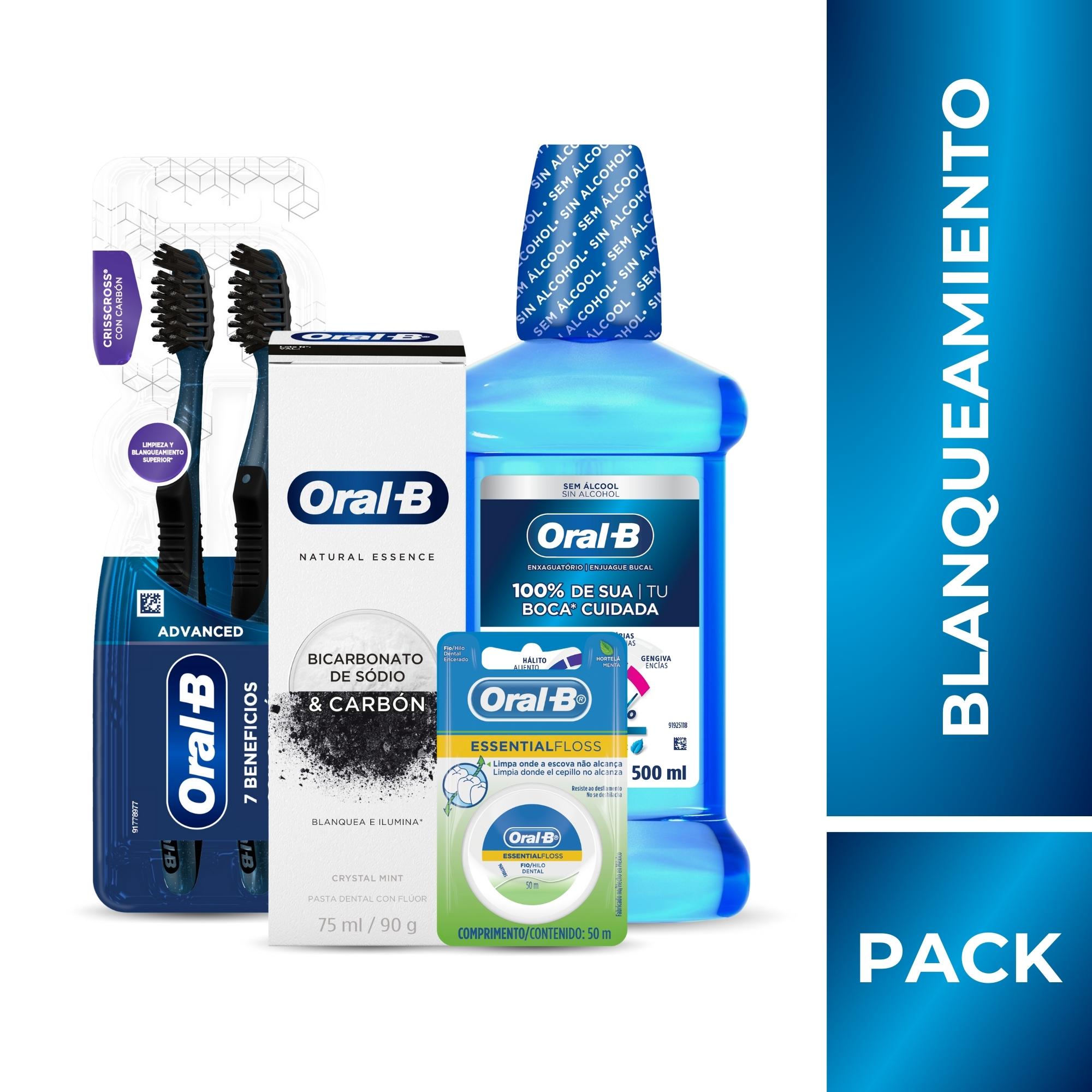 Pack ORAL B Blanqueamiento: Pasta Dental Con Flúor 75ml + Cepillo Dental Paquete 2un + Hilo Dental Essential 50m + Enjuague Bucal 500ml