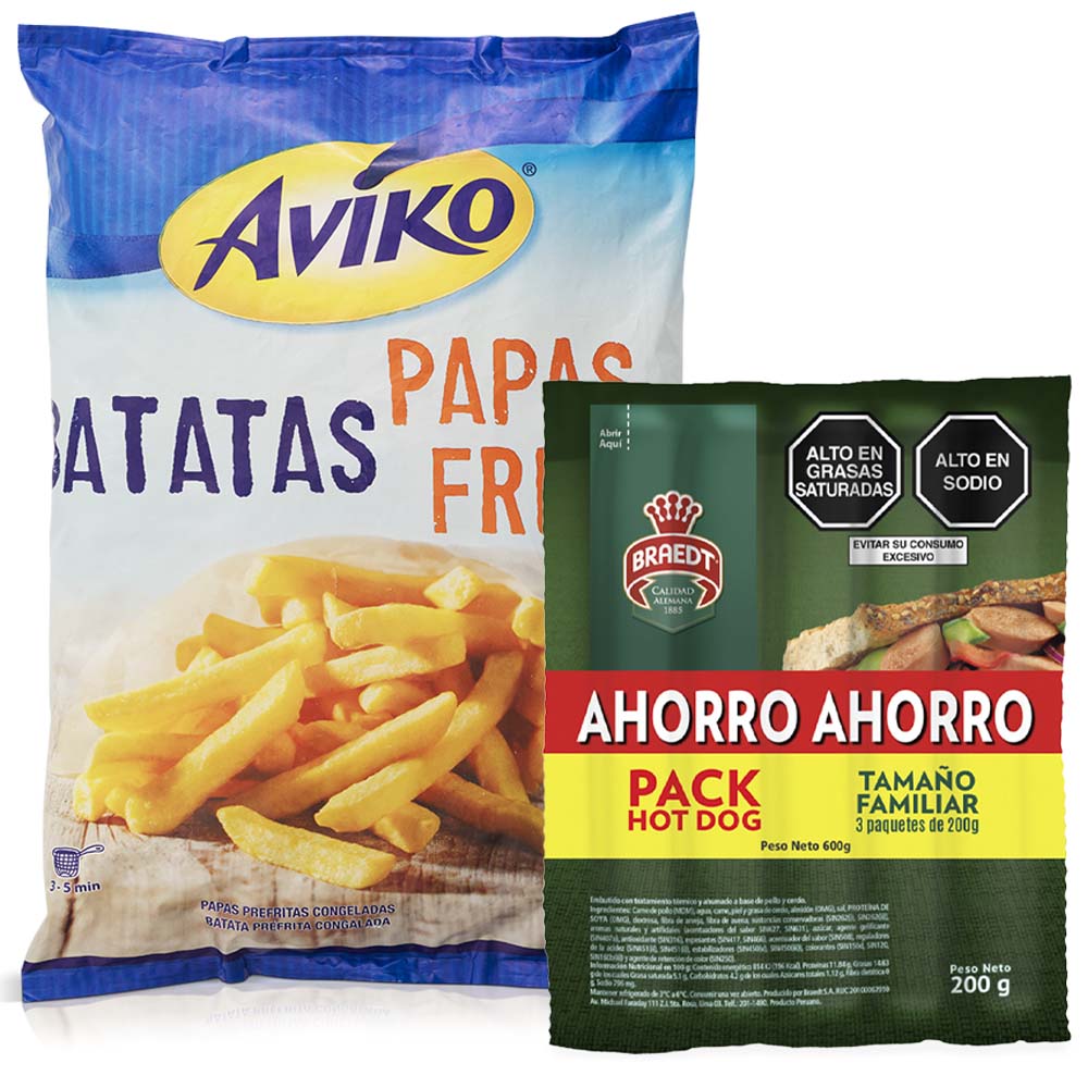 Pack Papa Prefrita Congelada AVIKO Bolsa 1kg + Pack Hot Dog BRAEDT Paquete 600g