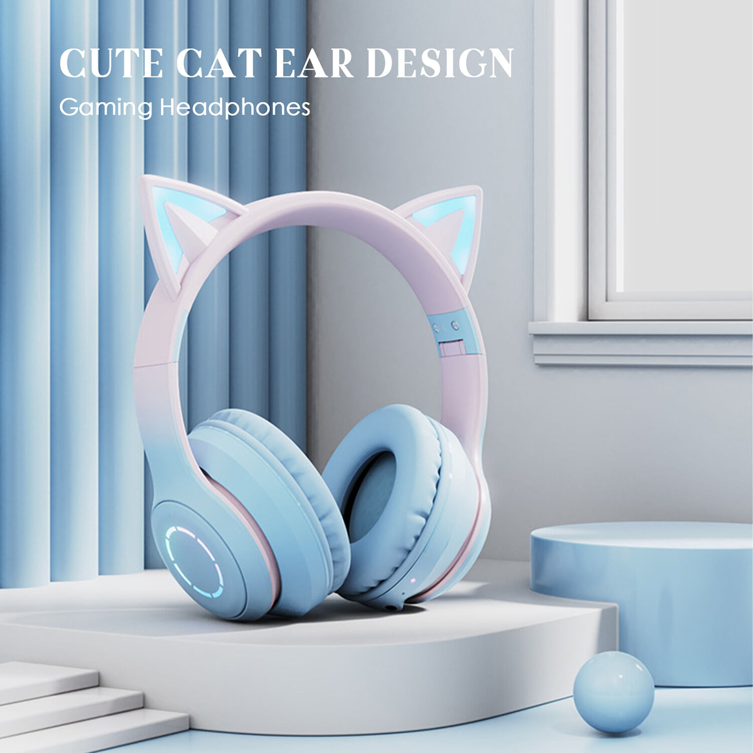 Auriculares De Oído Auriculares Para Juegos Gato Brillante Con Luces De Colores Gris Verde