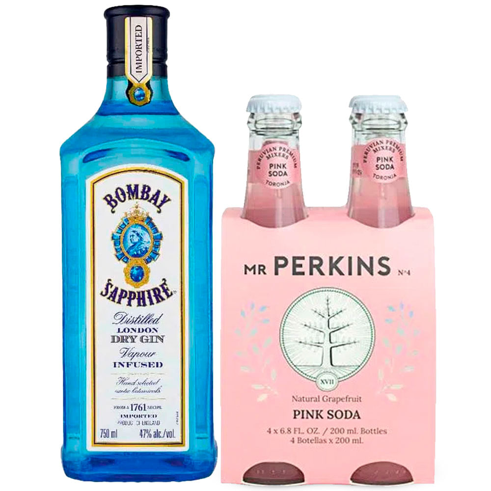 Pack Gin BOMBAY Sapphire Botella 750ml + Agua Tónica MR PERKINS Pink Soda Botella 200ml Paquete 4un