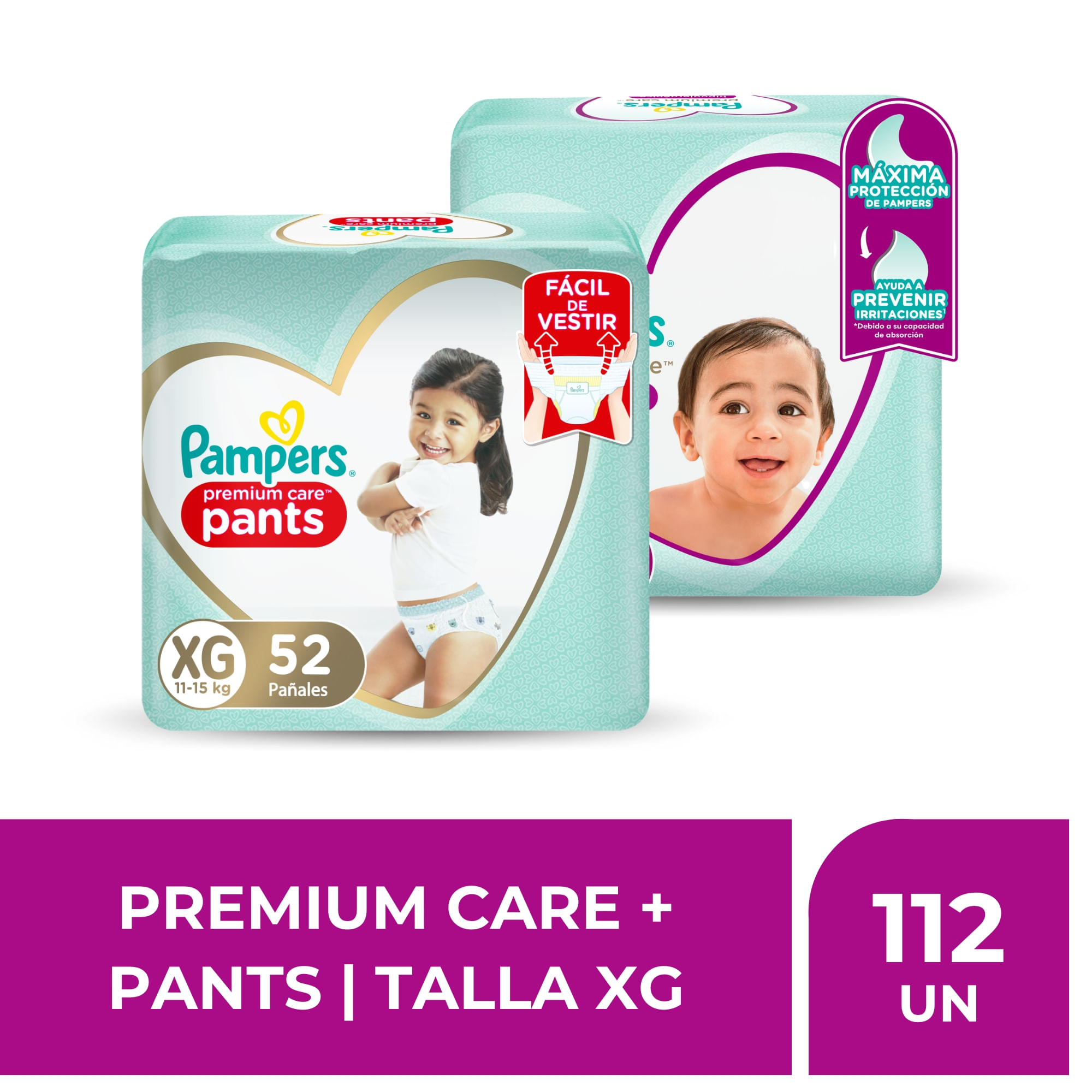Packs Pañales PAMPERS Premium Care + Pañales Premium Care Pants Talla XG 112un