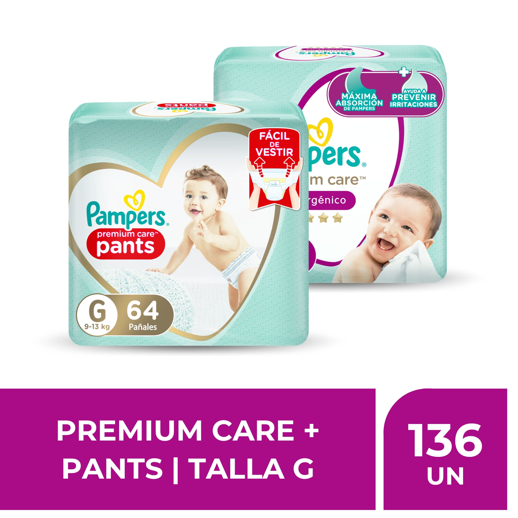 Packs Pañales PAMPERS Premium Care + Pañales Premium Care Pants Talla G 136un