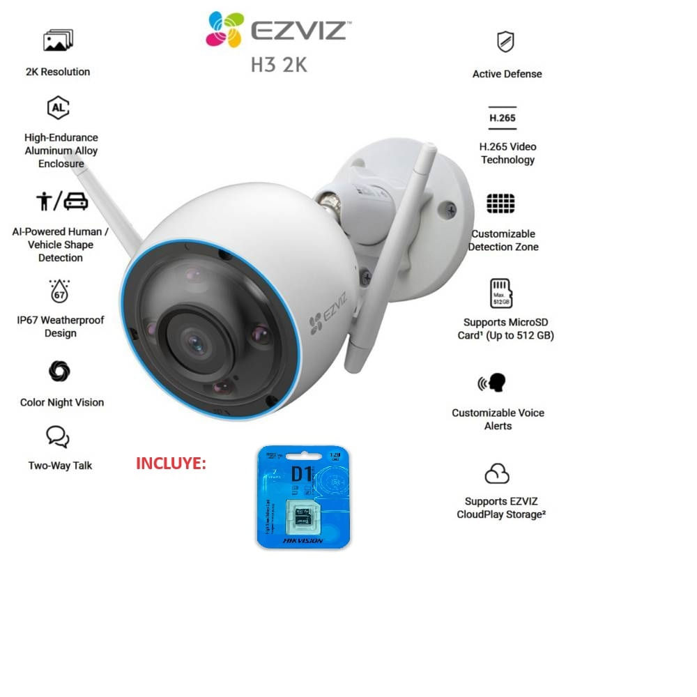 Cámara Seguridad H3 Ezviz 3Mp 2K Vision Nocturna Color Sd 128Gb