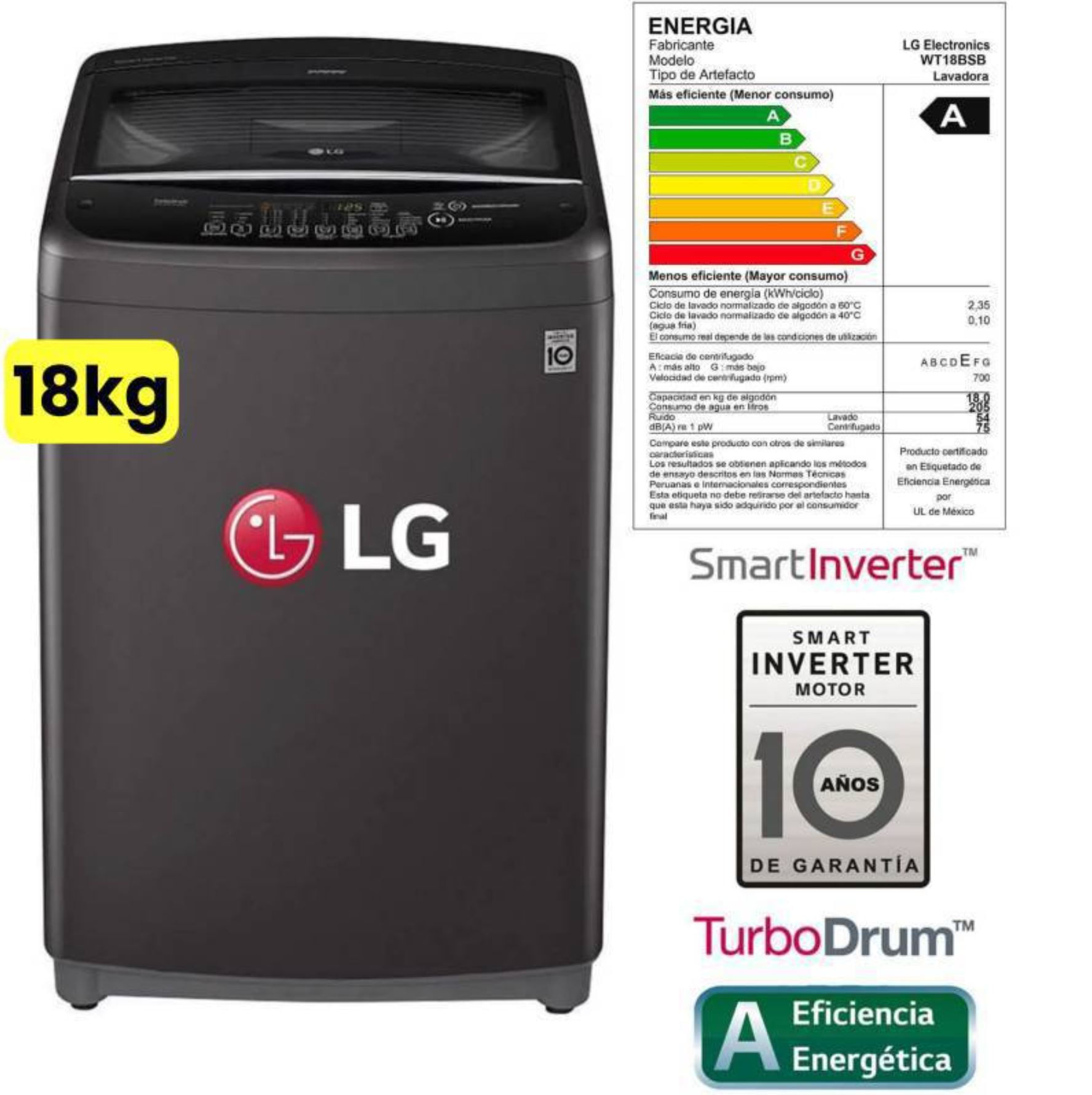 Lavadora LG 18Kg WT18BSB Smart Inverter Turbo Drum Negro