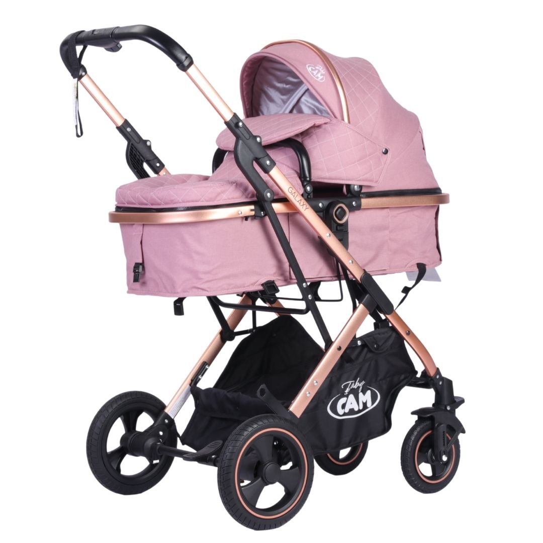 Coche moises Galaxy de aluminio Baby CAM con bolso pañalero rosado