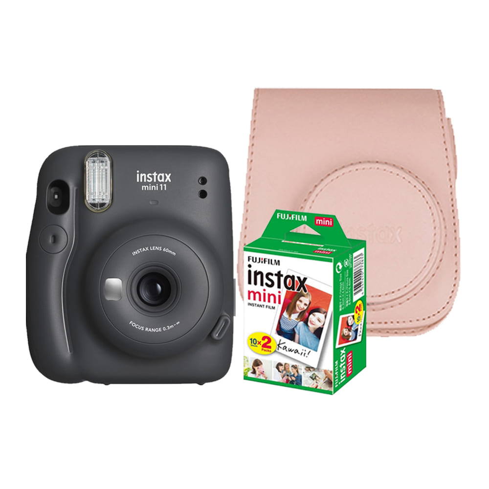 Camara Fujifilm Instax Mini 11 Gris+Pack de Peliculax20+Estuche Rosado