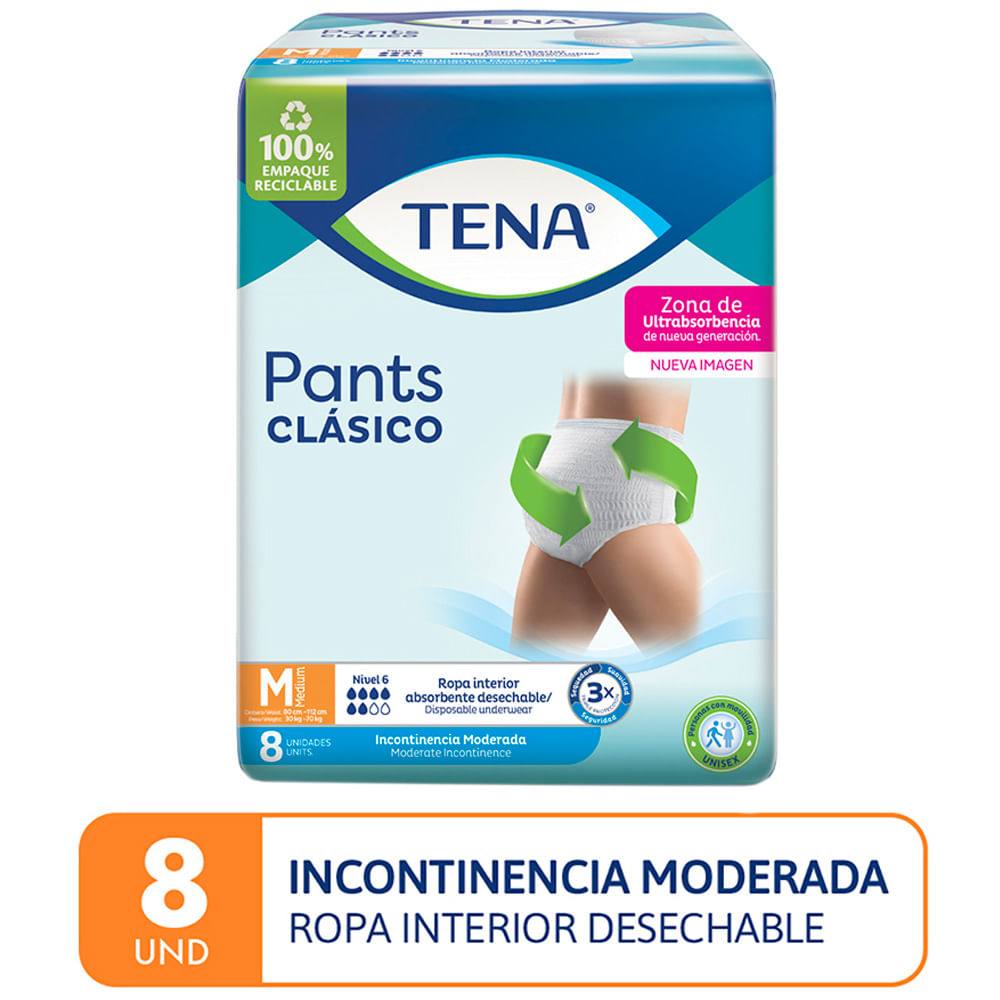 Ropa Interior Desechable TENA Pants Clásico Incontinencia Moderada Talla M Paquete 8un